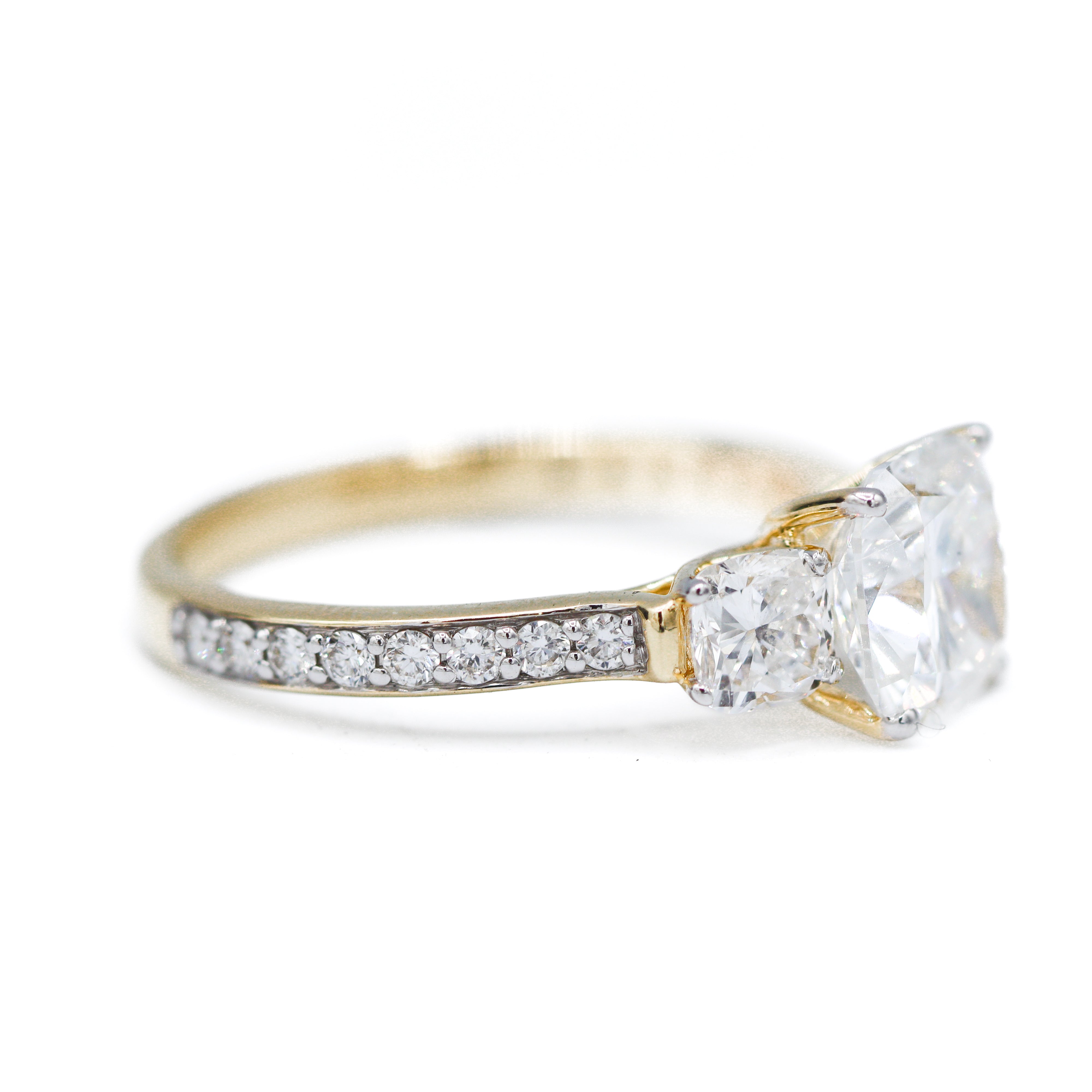 Left Side View of 14K Yellow Gold 2.09CT. Center Cushion-Cut Lab-Grown Diamond Accented Engagement Ring