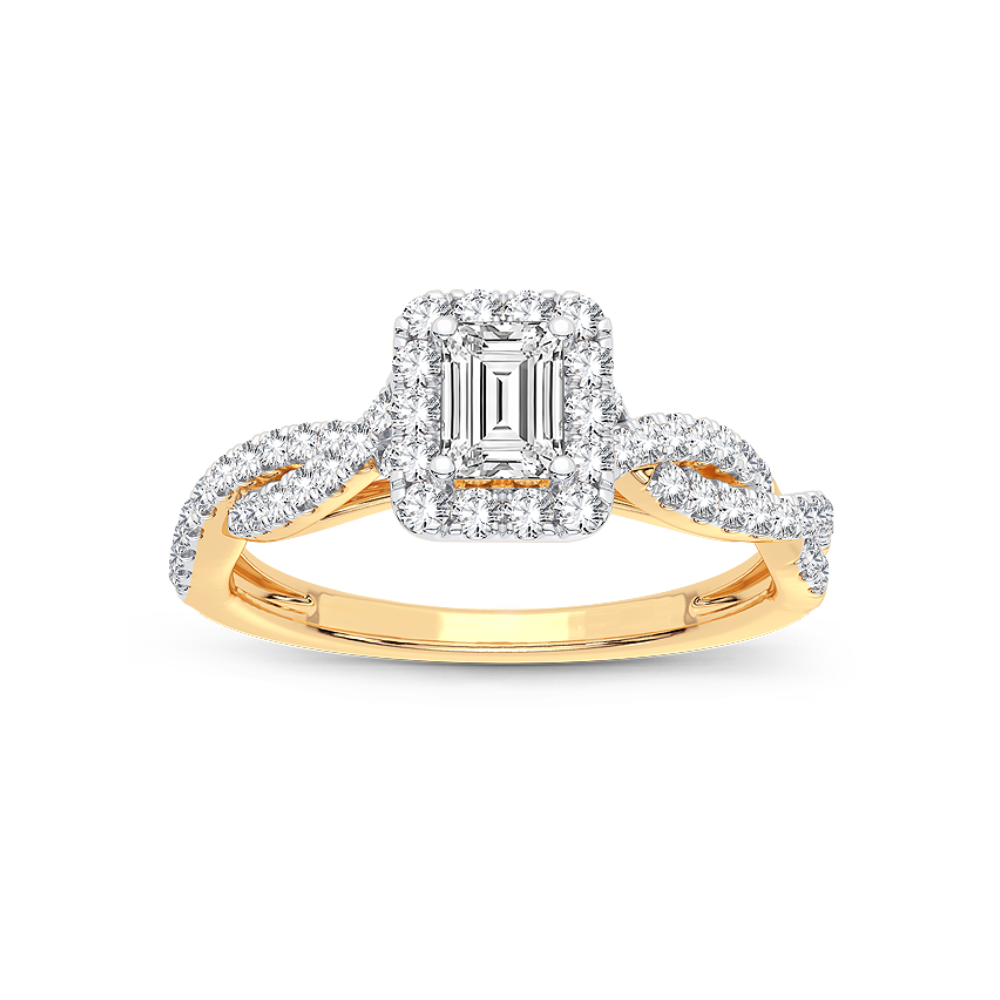 Angled Down View of 14K Yellow Gold Emerald-Cut Accented Engagement Ring