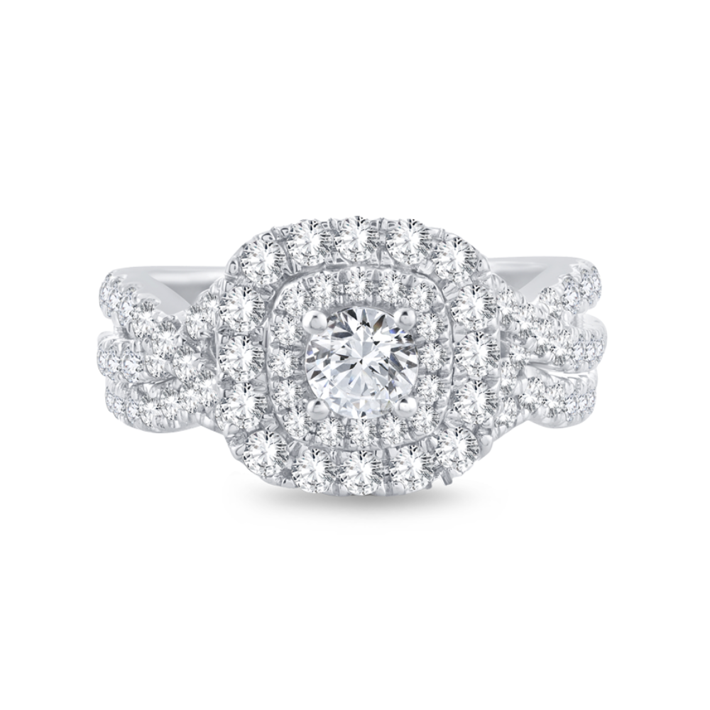 The "Victoria" — 10K White Gold 2CT. Double Halo Twist Engagement Ring & Wedding Band Set