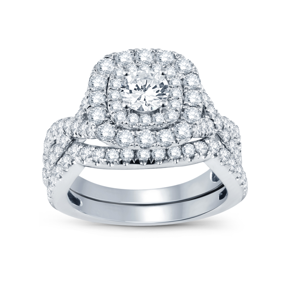 The "Victoria" — 10K White Gold 2CT. Double Halo Twist Engagement Ring & Wedding Band Set