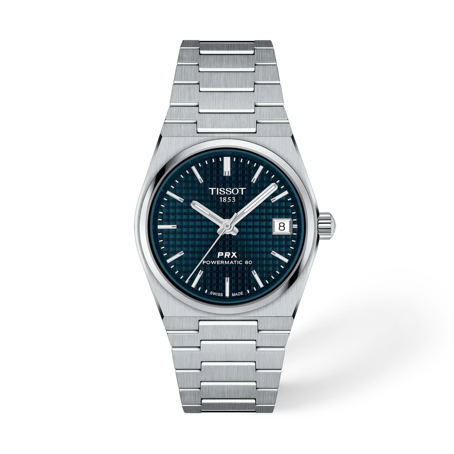 Tissot PRX Automatic 60 watch with a silver stainless steel bracelet and a dark blue textured dial, shown on a clean white background.