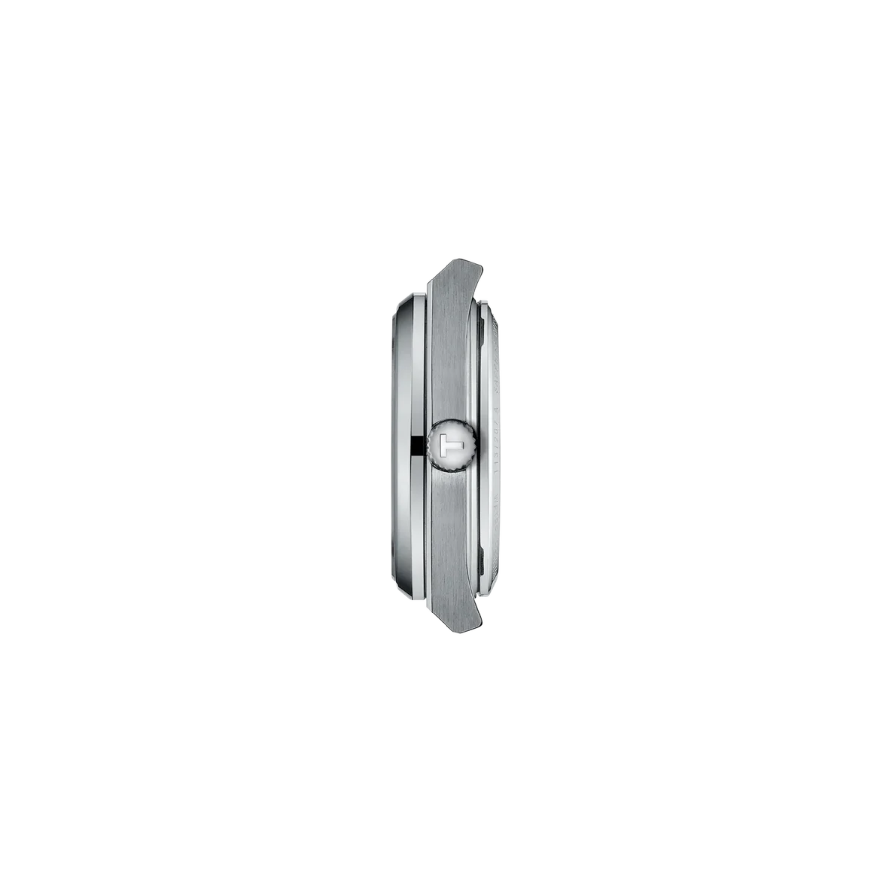A close-up side profile of a silver-toned stainless steel watch case with a crown guard and a single crown screw, shown against a plain white background.