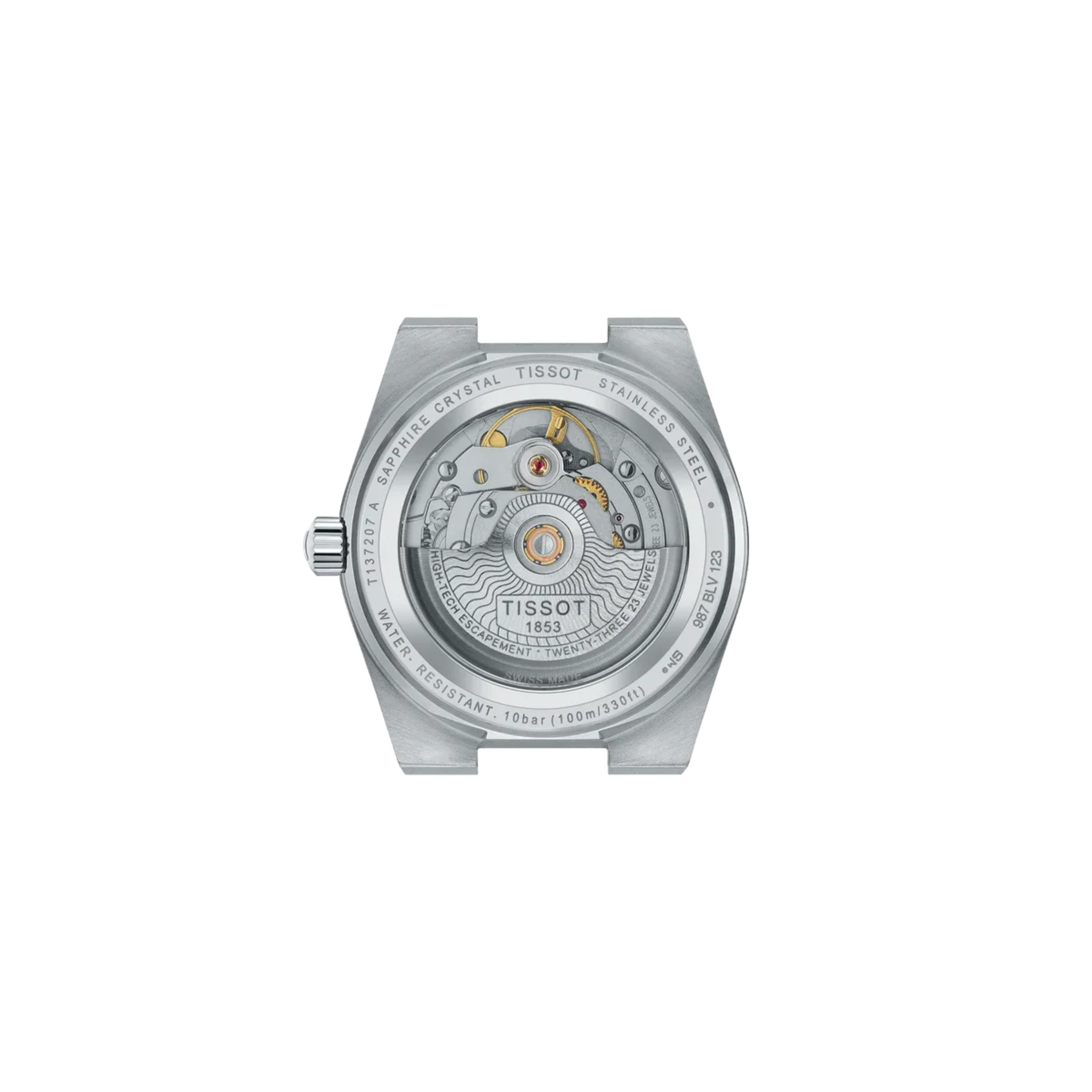 Tissot automatic watch showing the back case with a detailed view of the silver-toned mechanical movement and crystal.