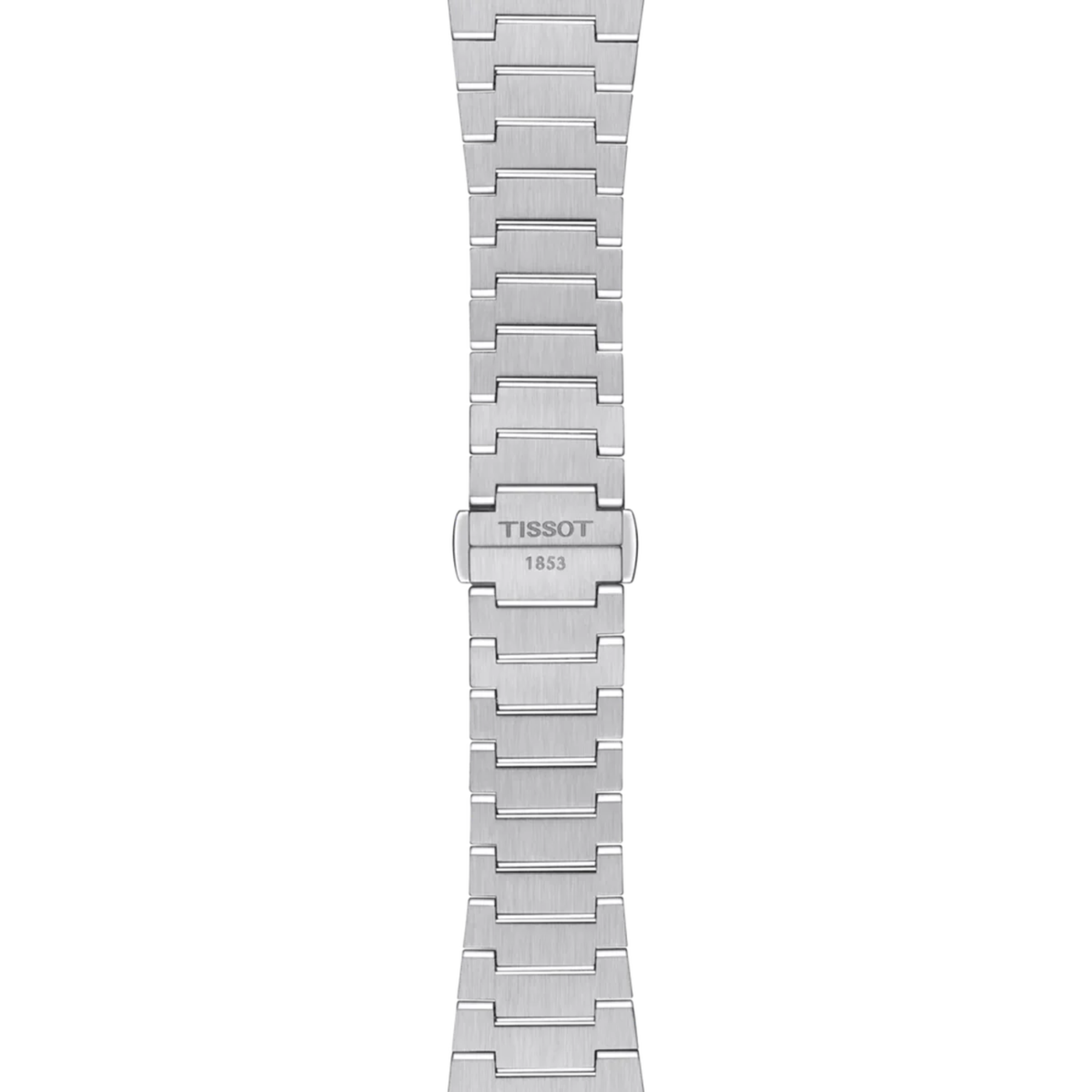 A silver stainless steel link watch band with a brushed finish and a central clasp engraved with 'TISSOT 1853', shown vertically on a plain white background.