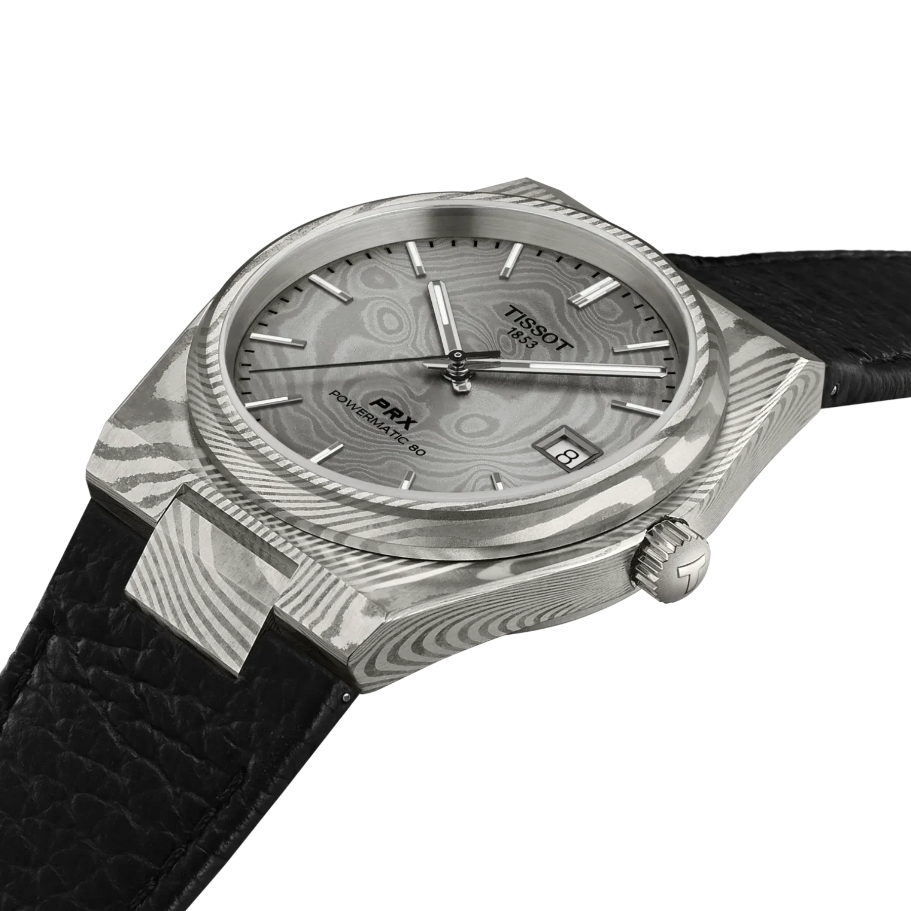 Tissot watch with silver dial and black strap on a white background