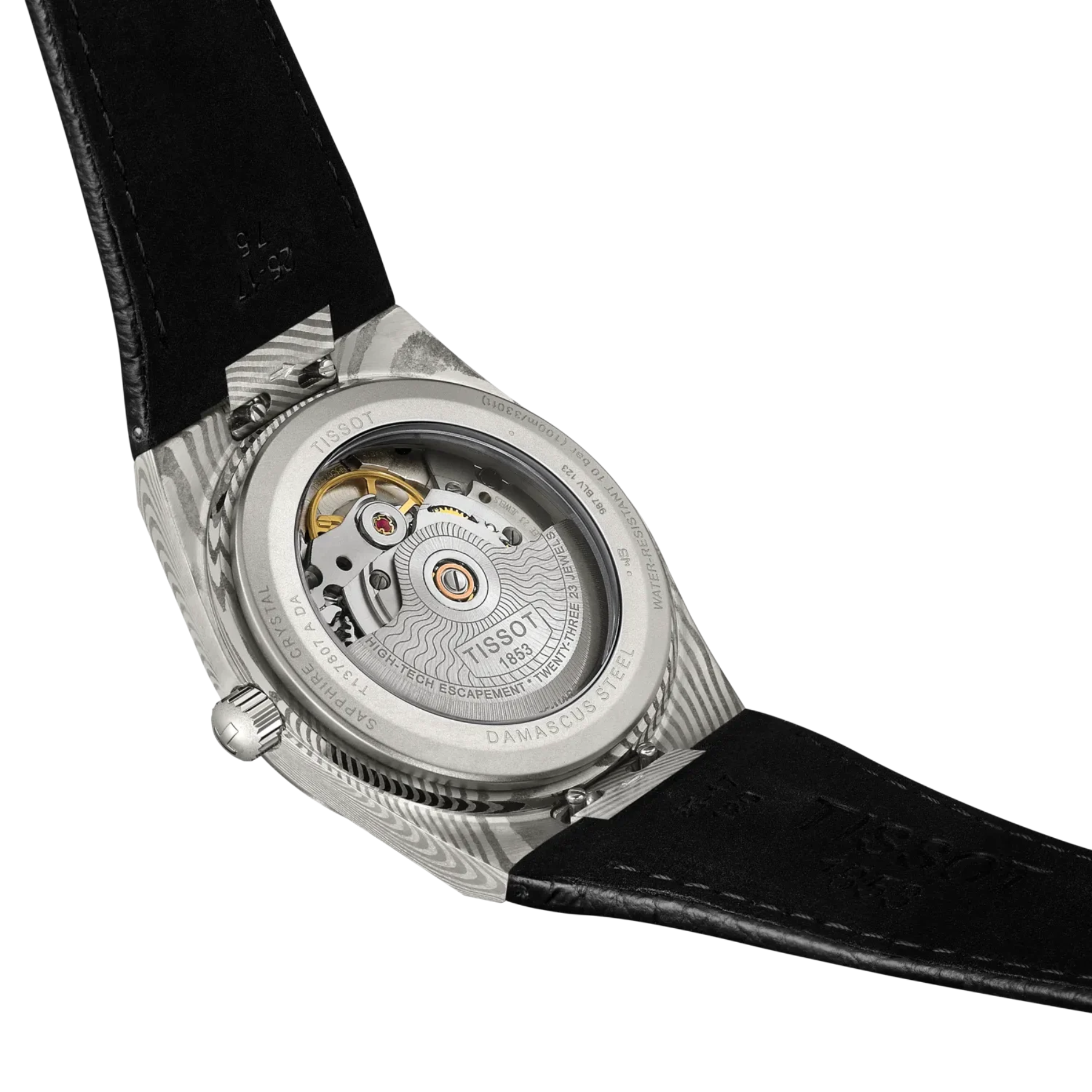Close-up of a Tissot watch with visible movement on a white background