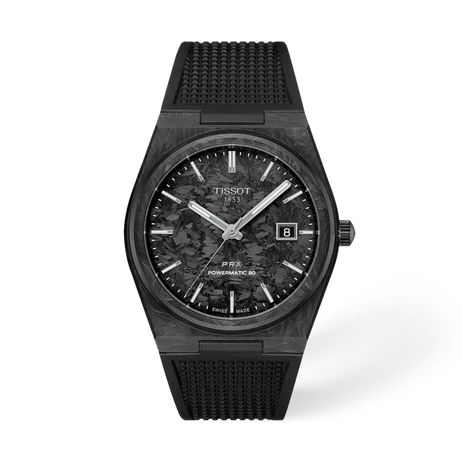 A Tissot PRX Powermatic 80 watch with a black carbon fiber case, textured black strap, and a dark marbled dial with silver-tone indices and hands.