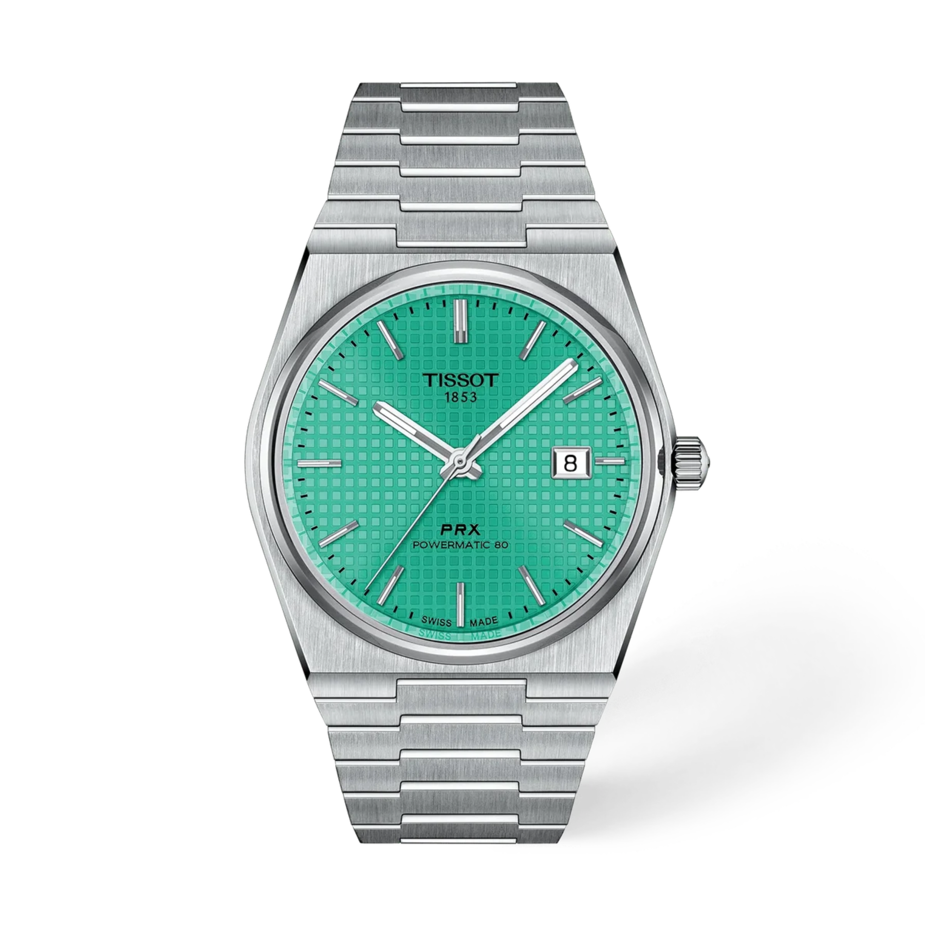 Tissot PRX Powermatic 80 watch with a brushed silver stainless steel case and bracelet, featuring a textured mint green dial with silver-tone hands and markers.