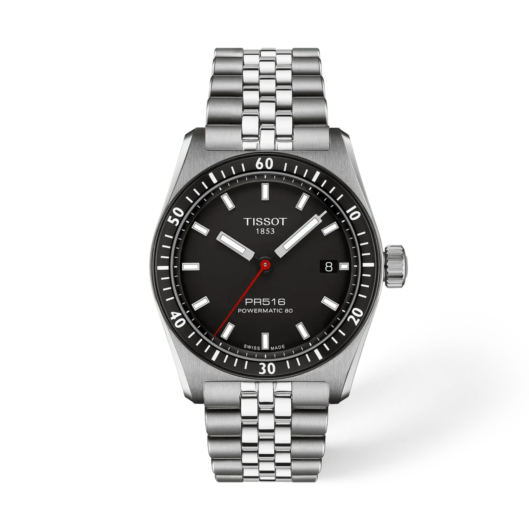 Tissot PRS18 Powermatic 80 watch with a stainless steel link bracelet, black dial, and black rotating bezel, shown on a white background.
