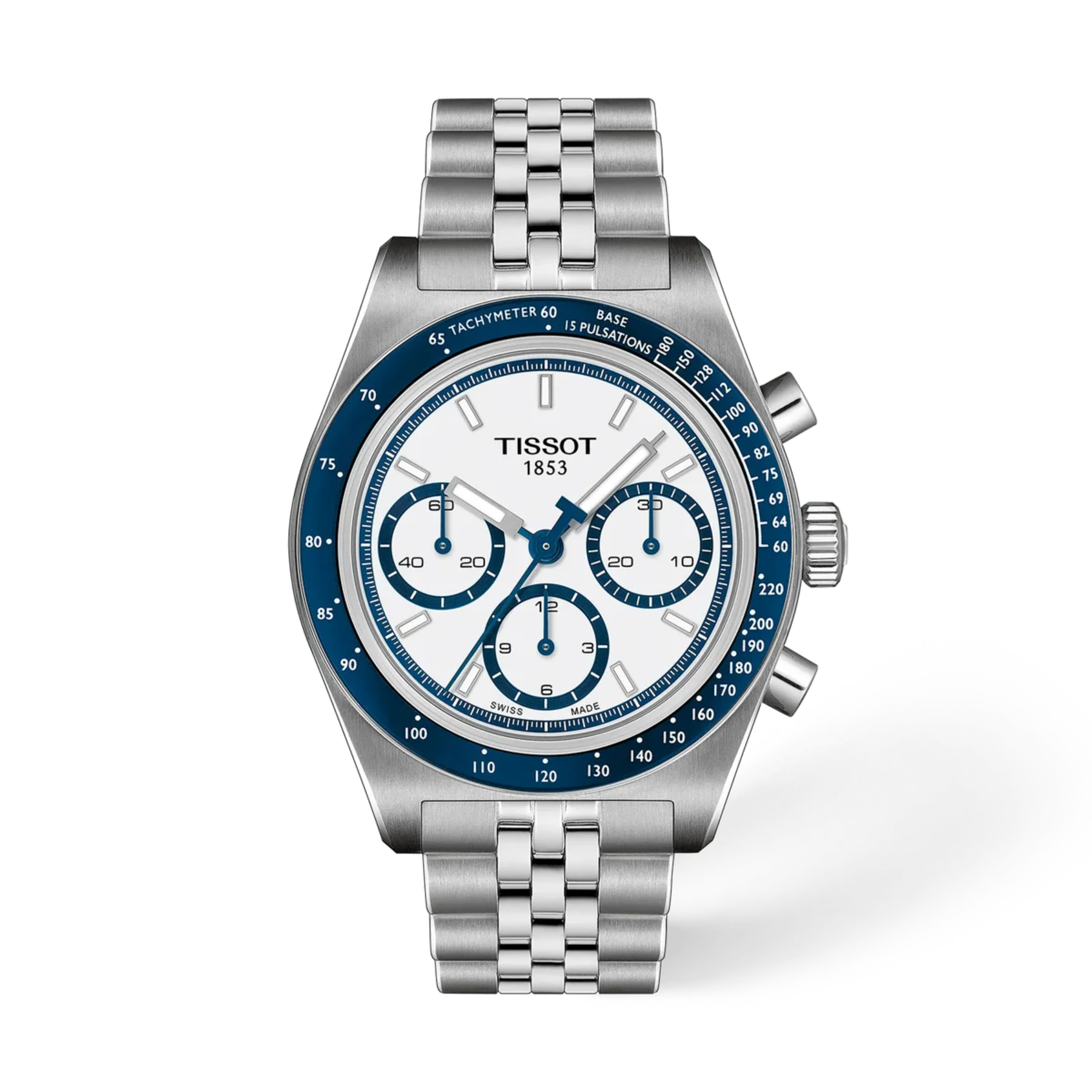 A Tissot 1853 watch with a stainless steel link bracelet, featuring a white dial with blue subdials and a blue tachymeter bezel.