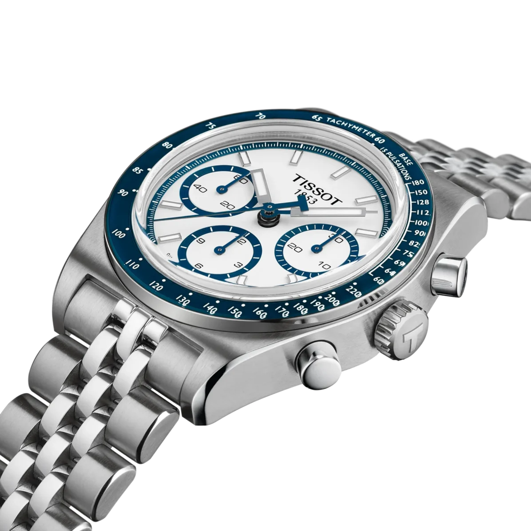 Tissot Tixino watch with a silver stainless steel case and link bracelet, featuring a white dial with blue subdials and a blue tachymeter bezel.