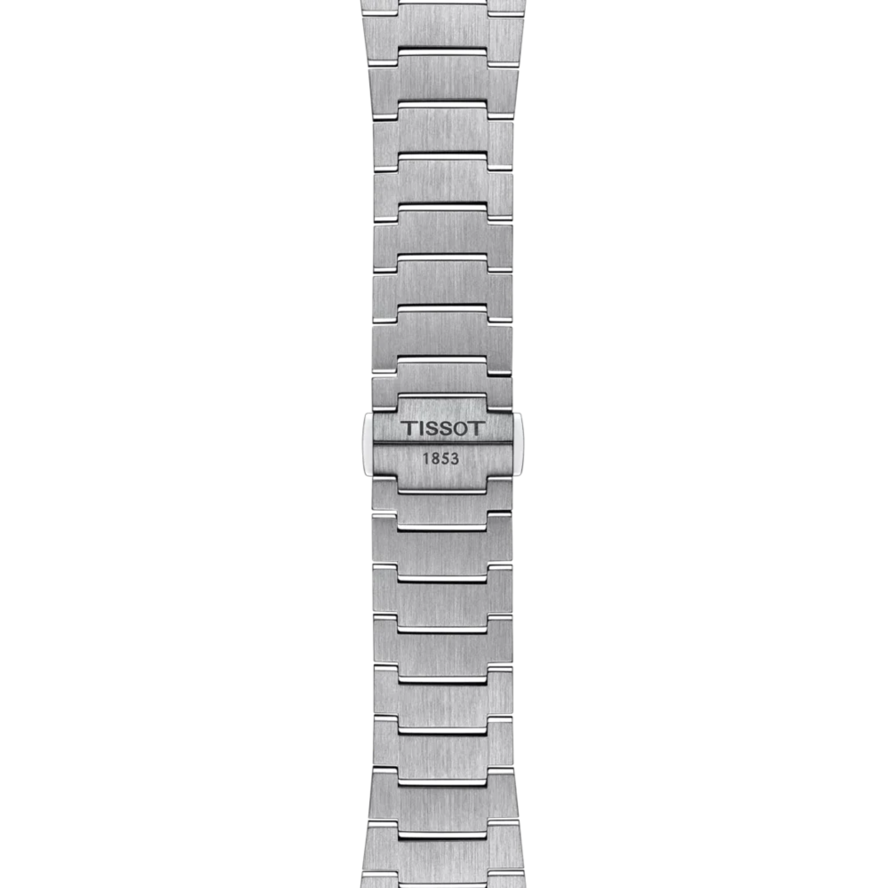 A stainless steel link watch band with a brushed finish, featuring the TISSOT 1853 logo engraved on the center clasp, shown vertically against a plain white background.
