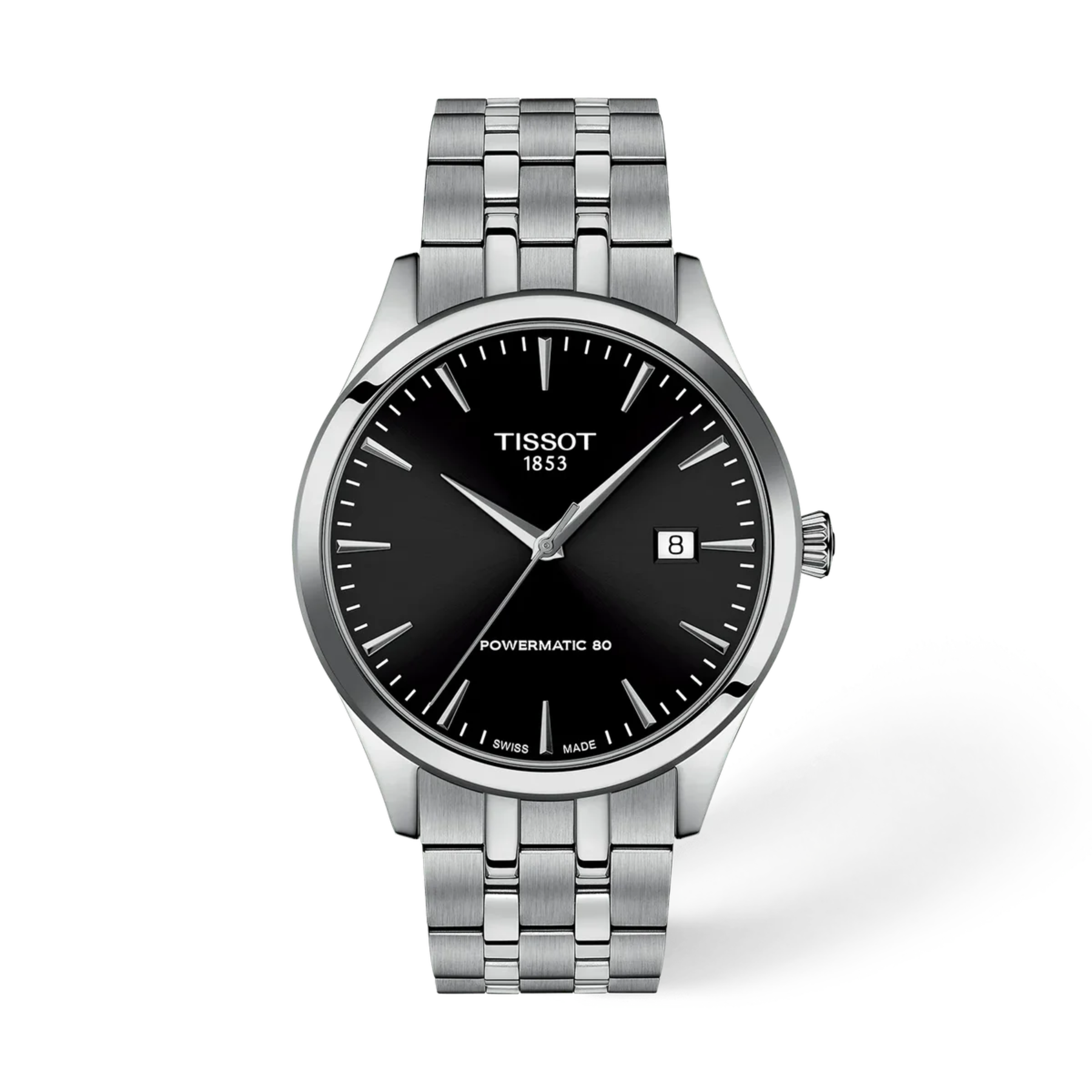 Tissot Powermatic 80 Automatic watch with a black dial and a silver stainless steel link bracelet, shown on a clean white background.