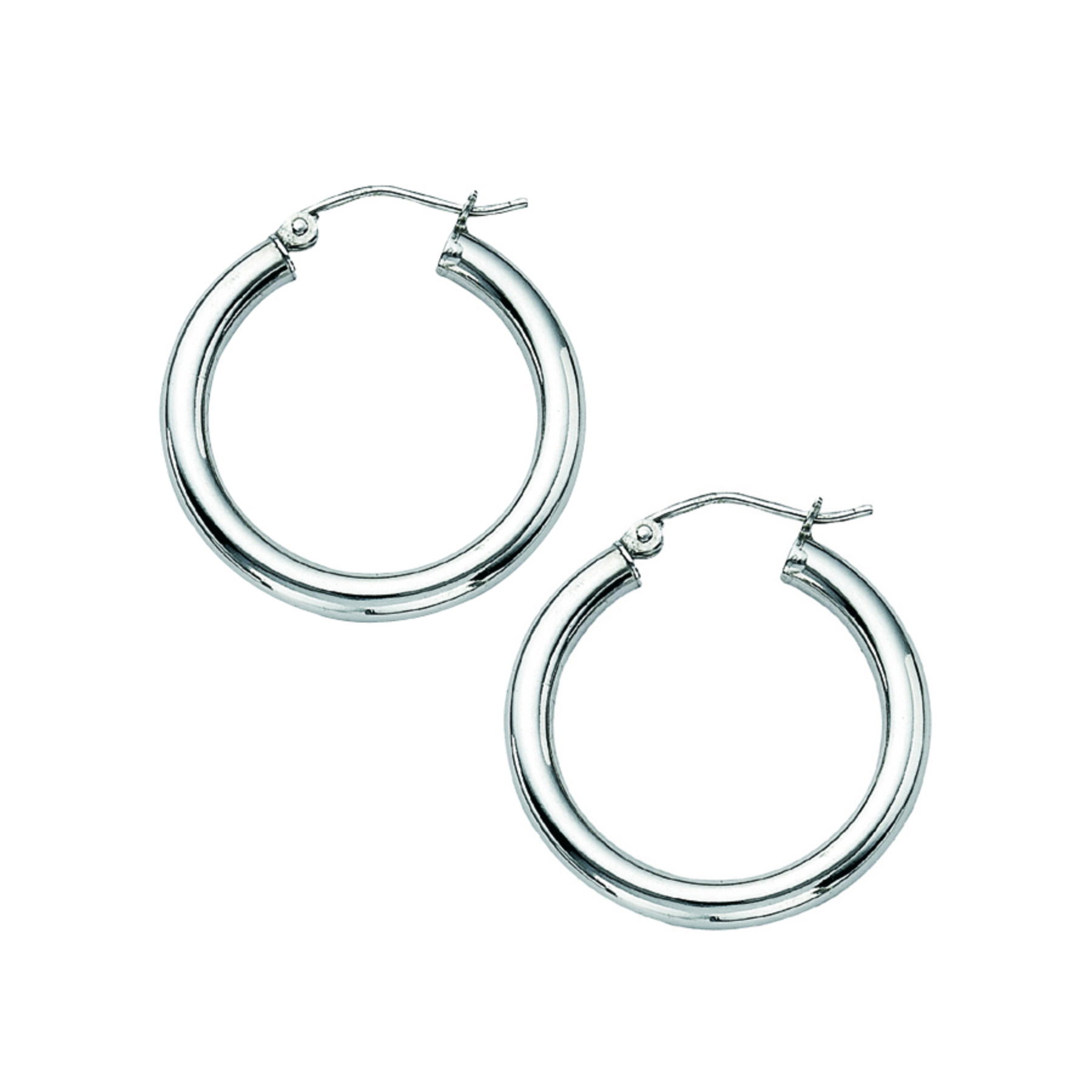 A pair of polished silver hoop earrings with a double-band design and fishhook backings, shown on a plain white background.