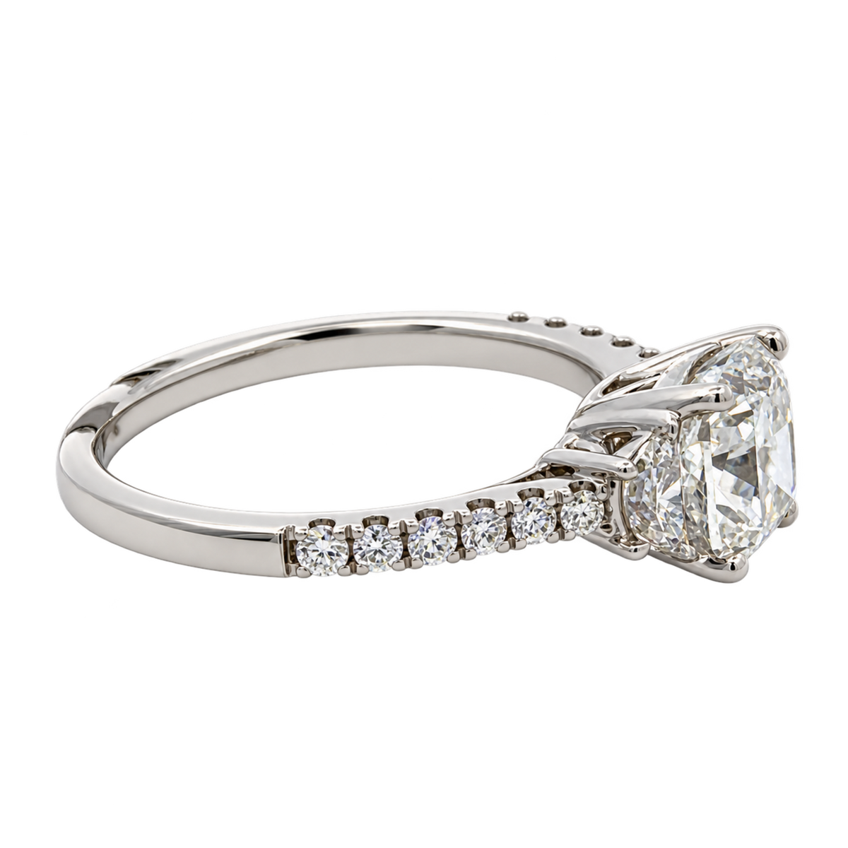Right side view of LEGR-1898 14K white gold three-stone lab-grown diamond engagement ring, showing the prong setting and diamond-accented band.