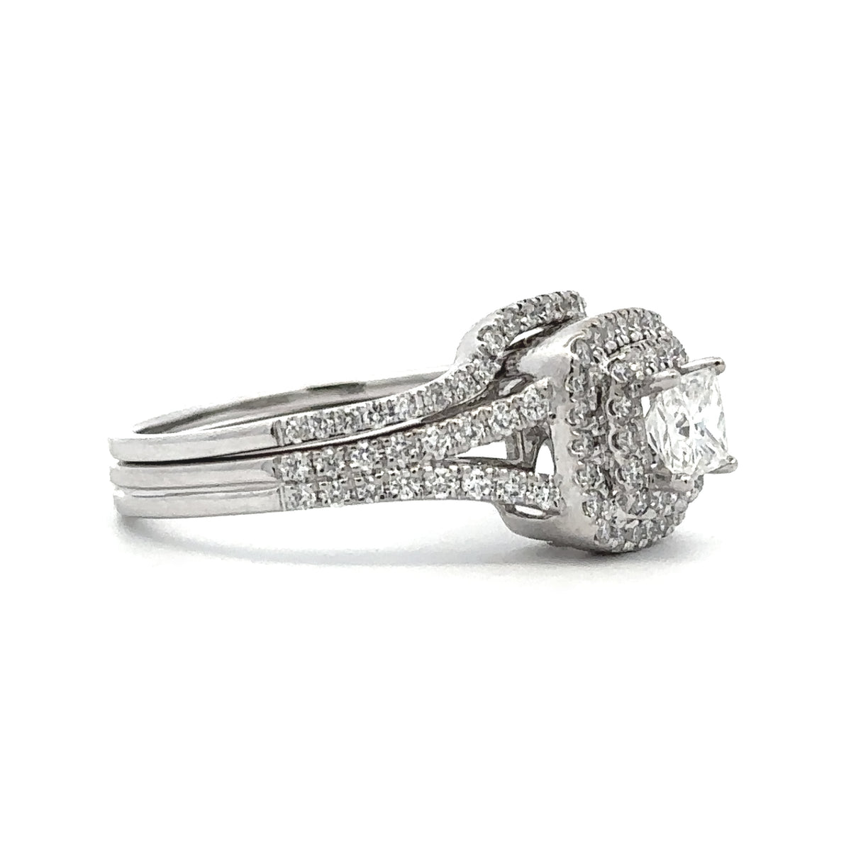 14K White Gold 1CTW. LEO Diamond Split Shank Double Halo Engagement Ring and Contoured Wedding Band Set