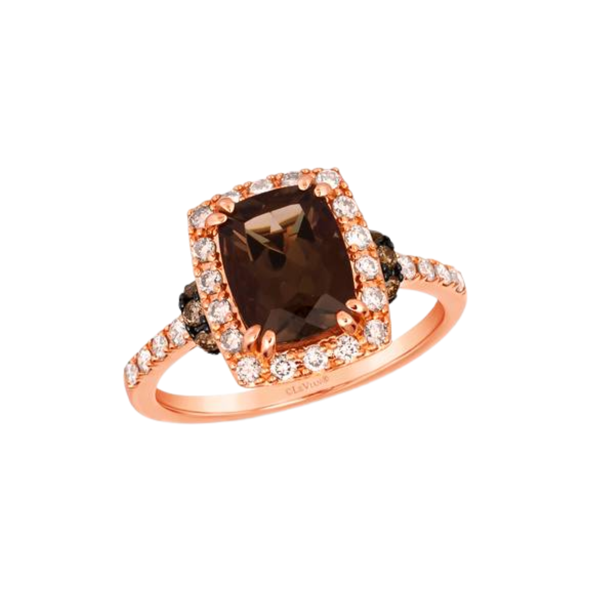 A rose gold ring featuring a cushion-cut dark brown smoky quartz center stone surrounded by a halo of small clear stones, with a split shank accented by black and white diamonds, shown on a plain white background.