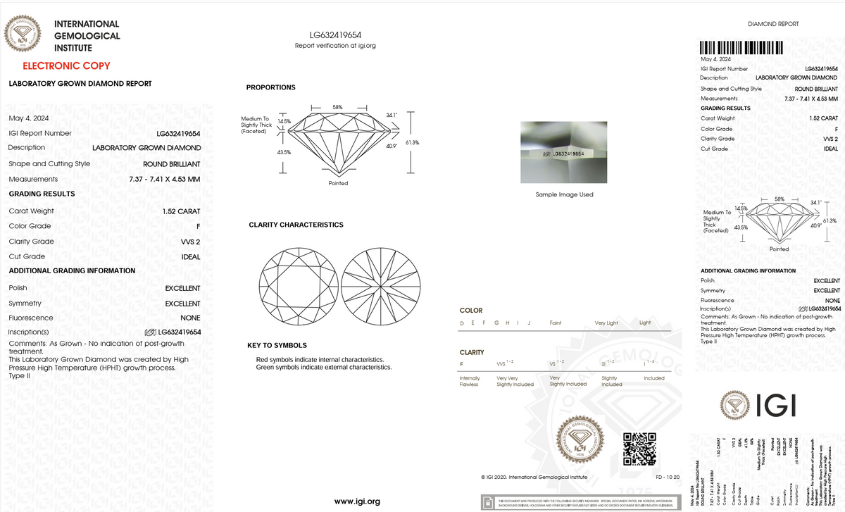 1.52CT Certified Loose Round-Cut Lab-Grown Diamond IGI LG632419654