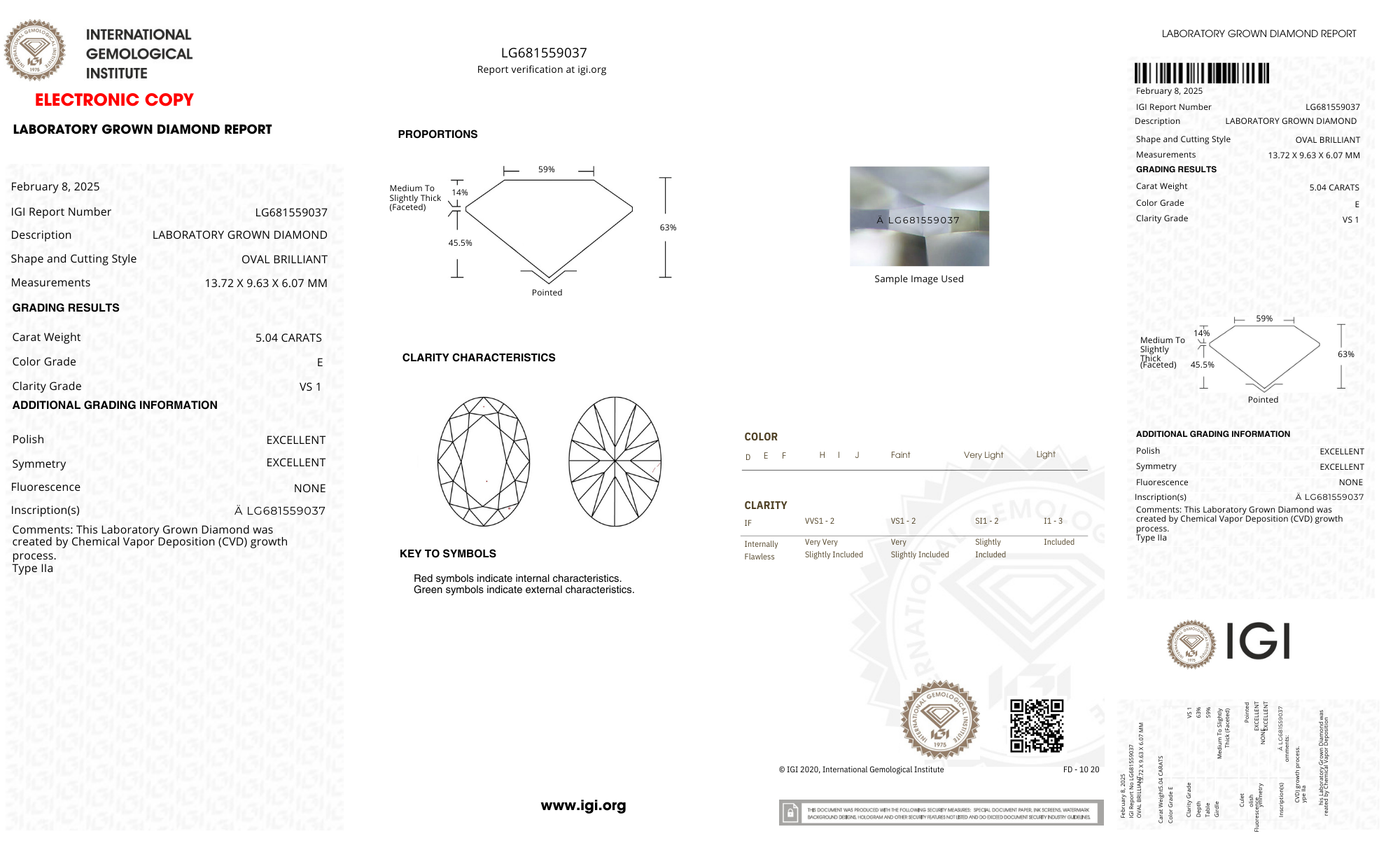 Laboratory-grown diamond report with IGI certification on a white background