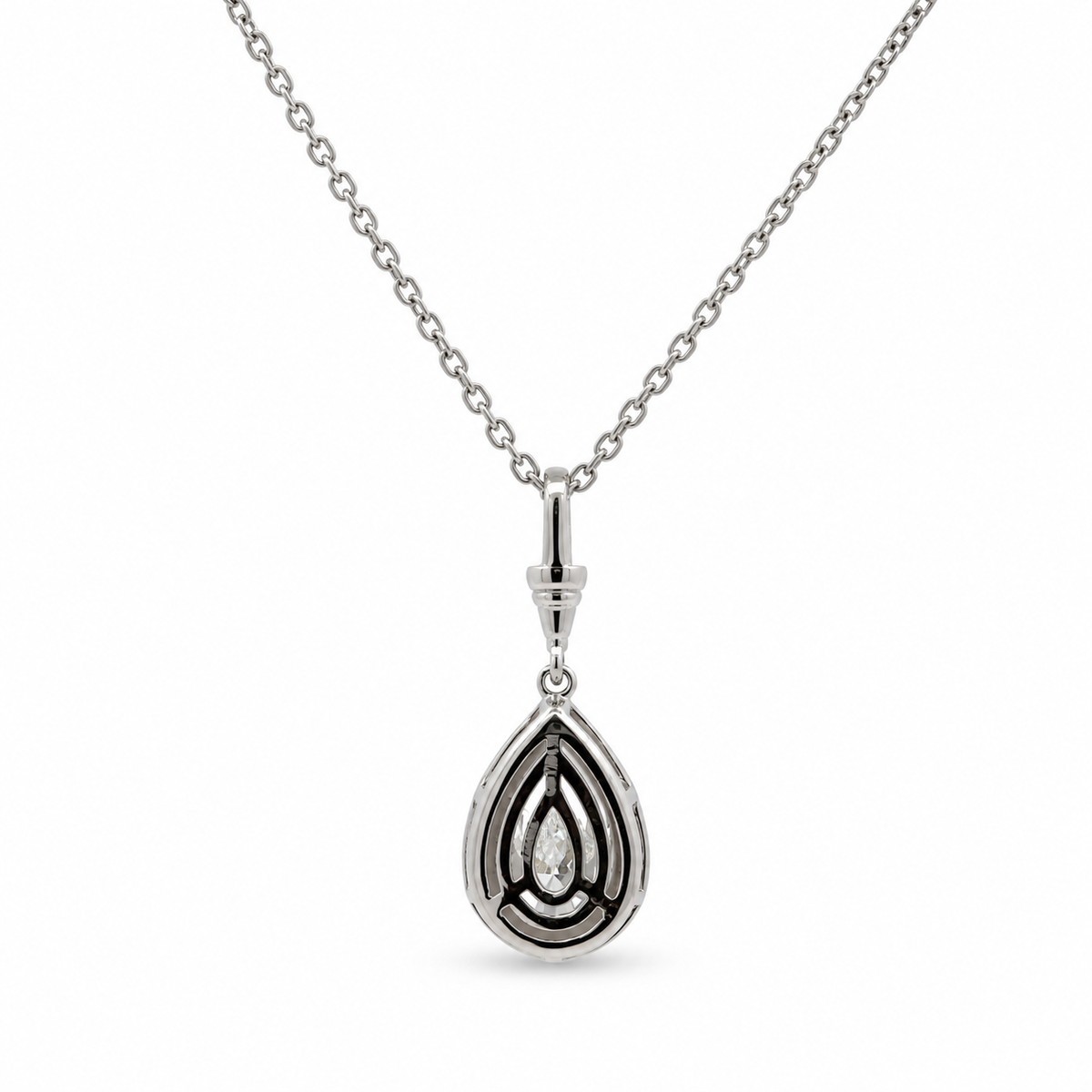 Rear view of the 14K white gold pear diamond pendant showing the open gallery and chain.