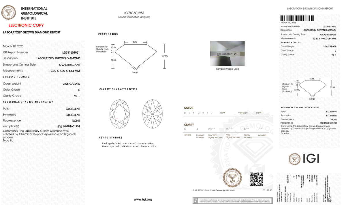 IGI report LG781601951 for the 3.06-carat oval brilliant CVD lab-grown center diamond, E color and VS1 clarity.