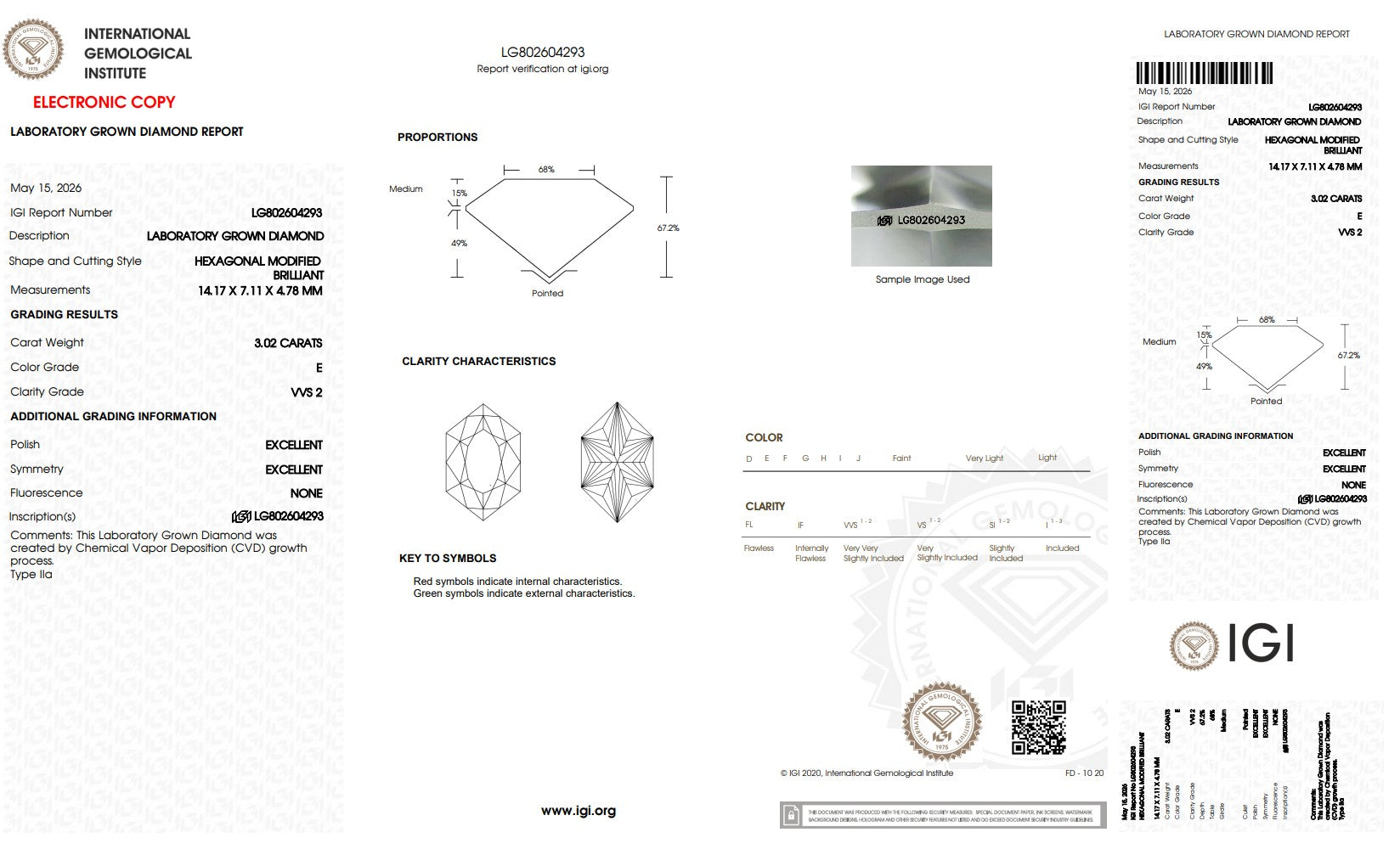3.02CT. Certified Loose Hexagonal Modified Brilliant Lab-Grown Diamond IGI LG802604293 E/VVS2