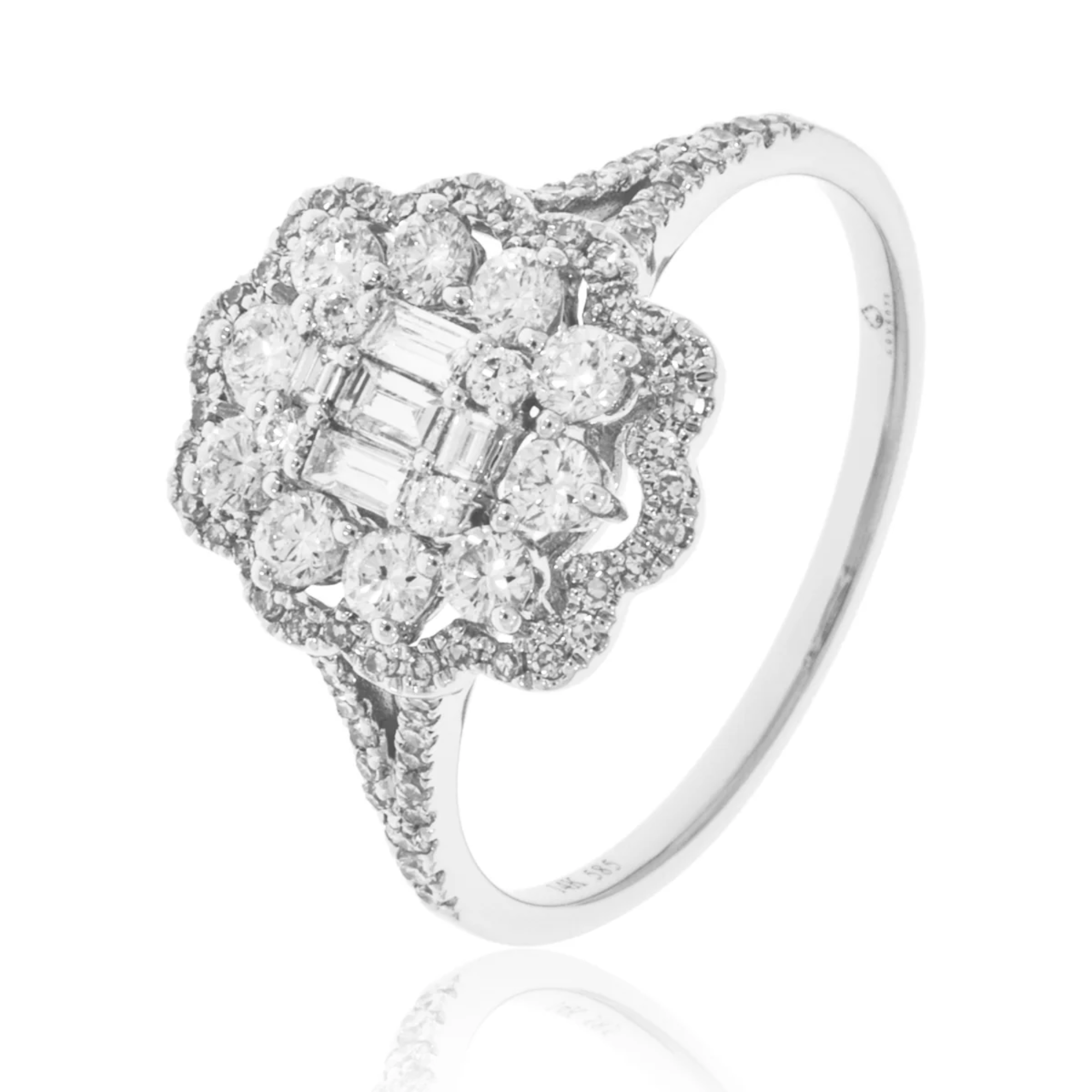 Diamond ring with a central emerald-cut gemstone and smaller diamonds on a white background