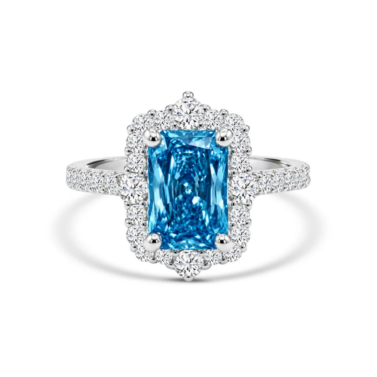 14K White Gold 2.63CTW. Radiant-Cut Blue Lab-Grown Diamond with Halo Engagement Ring