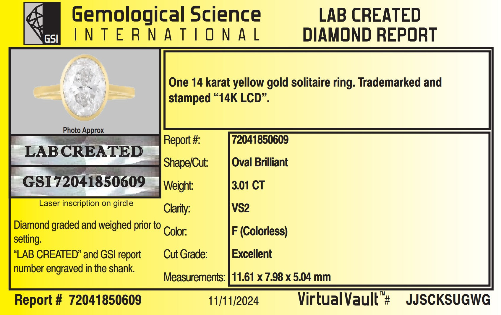 The "Diana" — 14K Yellow Gold Certified 3.01CT. Oval-Cut Lab-Grown Diamond Bezel-Set Engagement Ring