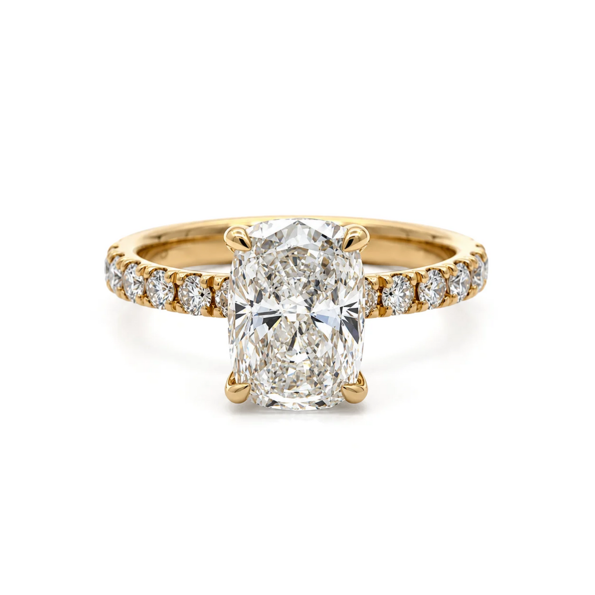 The "Lainey" — 14K Yellow Gold 3.82CTW. Certified Elongated-Cushion Lab-Grown Diamond Accented Engagement Ring