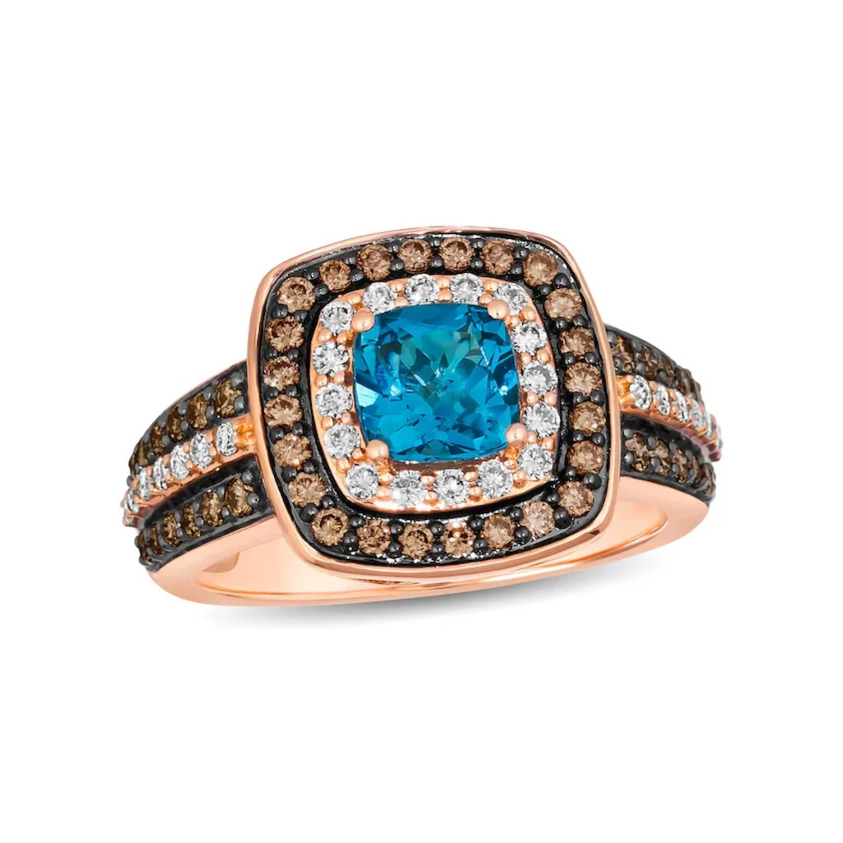 Estate Collection: Le Vian 14K Strawberry Gold Cushion Blue Topaz with Diamond Double Halo 3-Row Ring