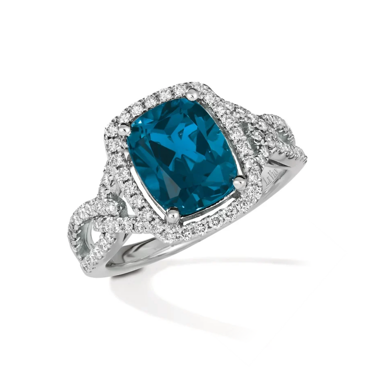 Estate Collection: Le Vian 14K Vanilla Gold Elongated Cushion Blue Topaz with Diamond Halo Split Shank Ring