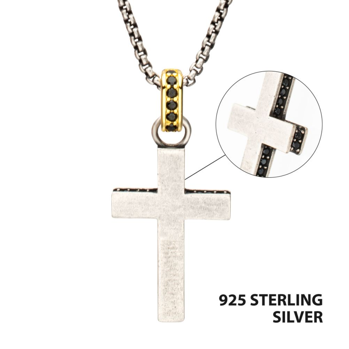 A sterling silver cross pendant necklace with a textured finish, featuring a gold accent band with small black stones at the top and a circular inset showing a close-up of the side detail. The text '925 STERLING SILVER' is displayed in the bottom right corner.
