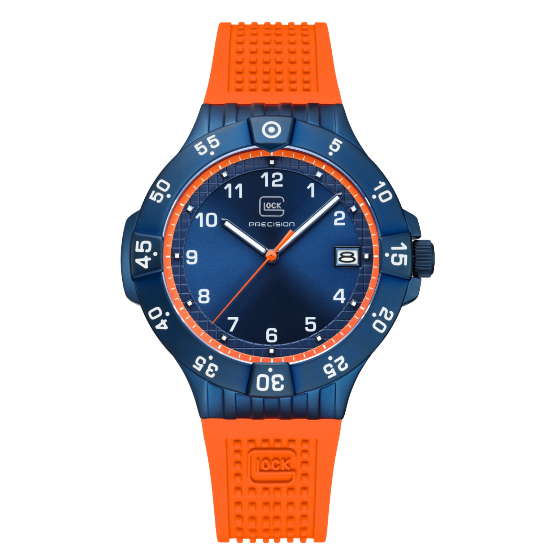 Limited Edition Blue Stainless Steel Interchangeable Orange & Blue Rubber Strap Glock Watch