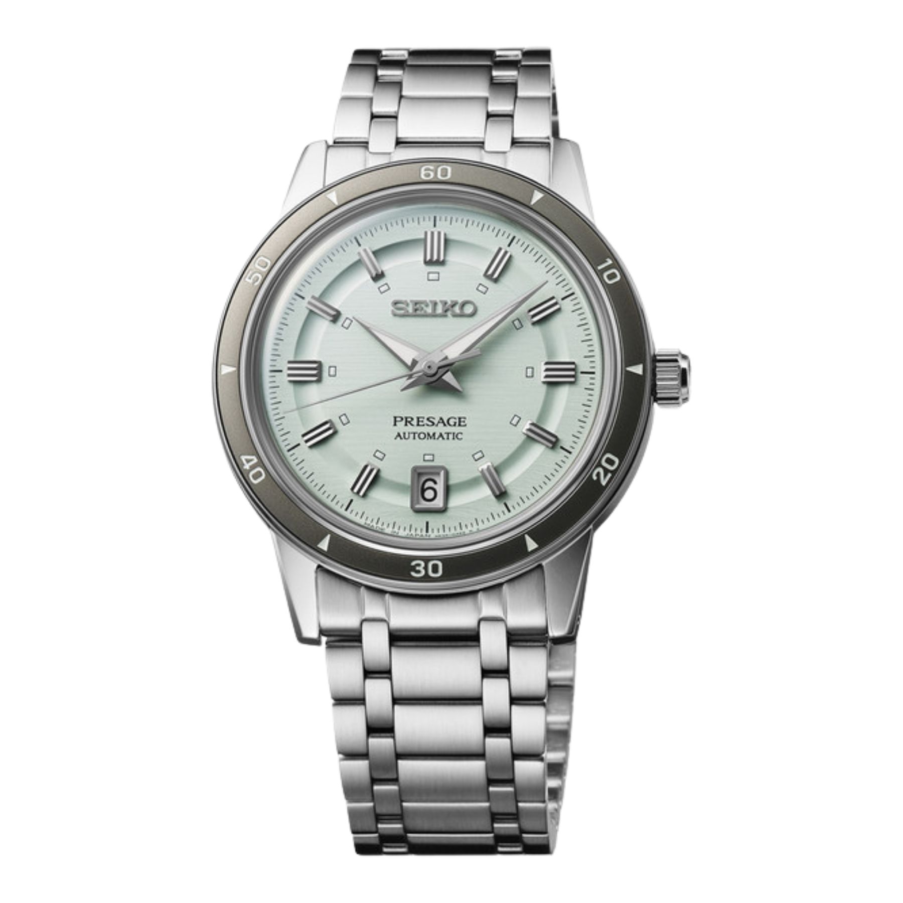 A Seiko Presage Automatic watch with a stainless steel link bracelet, featuring a silver-toned bezel, a pale mint green dial, and silver-tone hour markers.