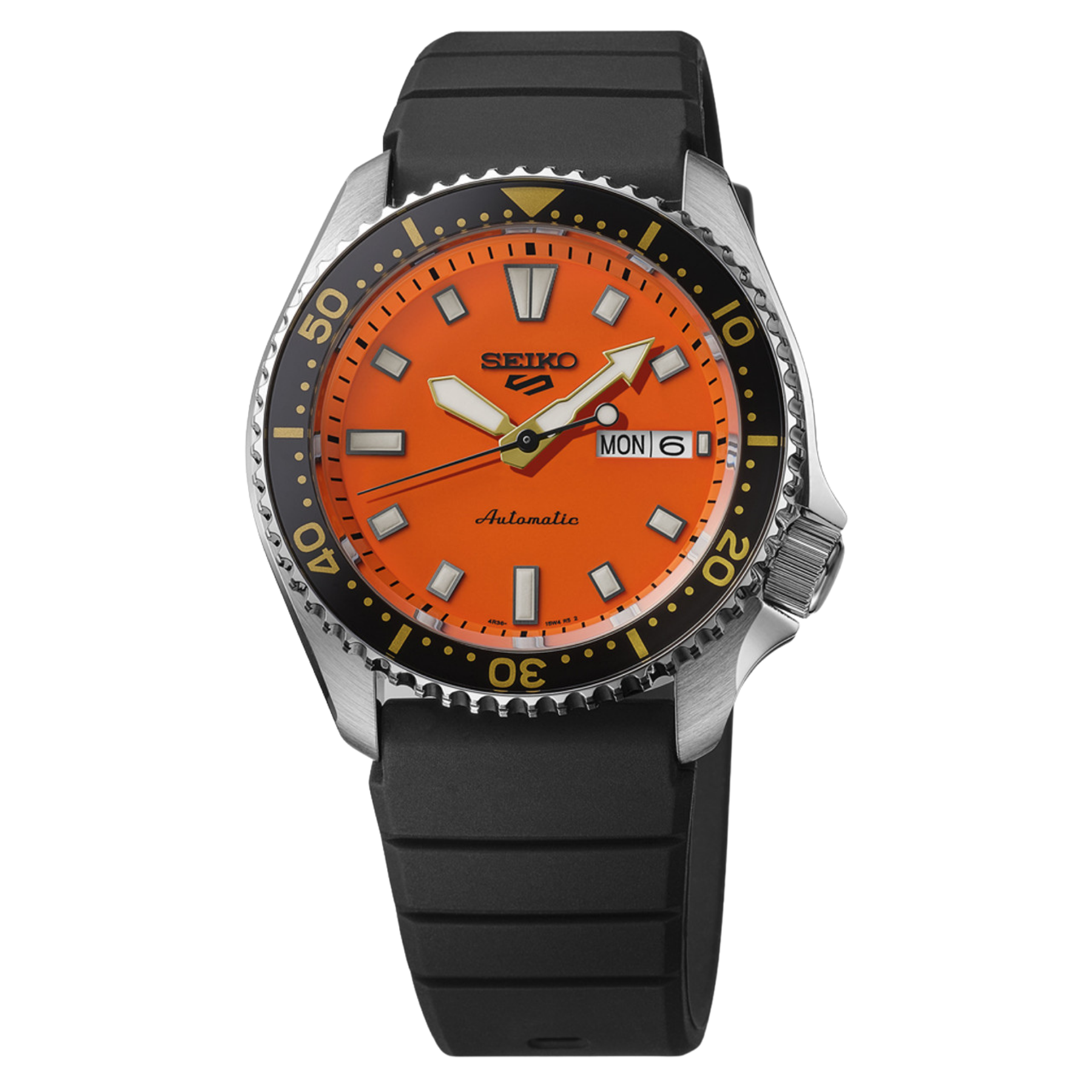 A Seiko dive watch with a bright orange dial, black bezel, and a black rubber strap, shown against a plain white background.