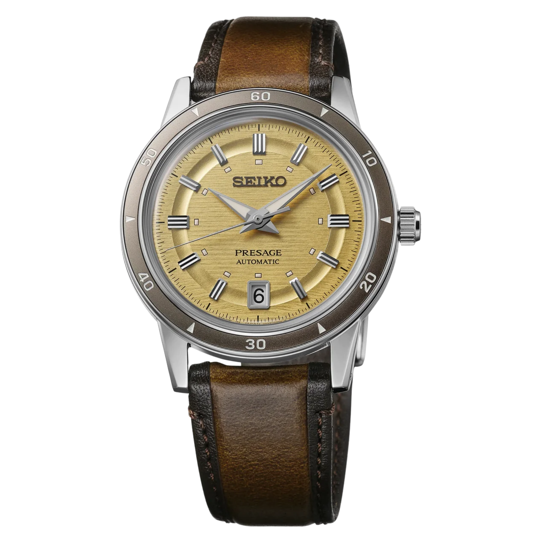SEIKO Presage Style 60s Automatic Gold Dial Leather Strap Watch