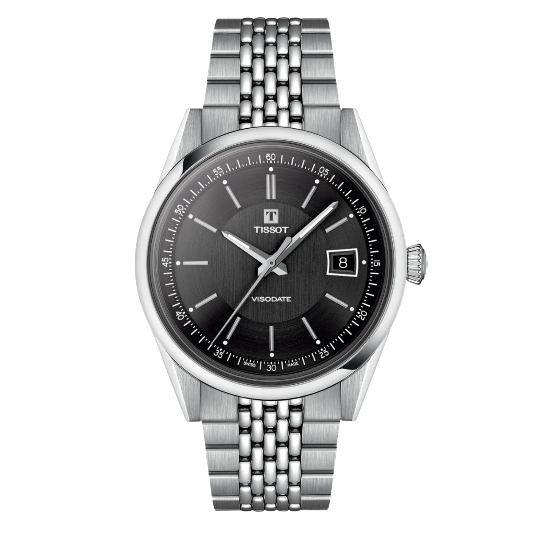Tissot Visodate watch with a stainless steel link bracelet, featuring a black dial, silver-tone case, and date window.
