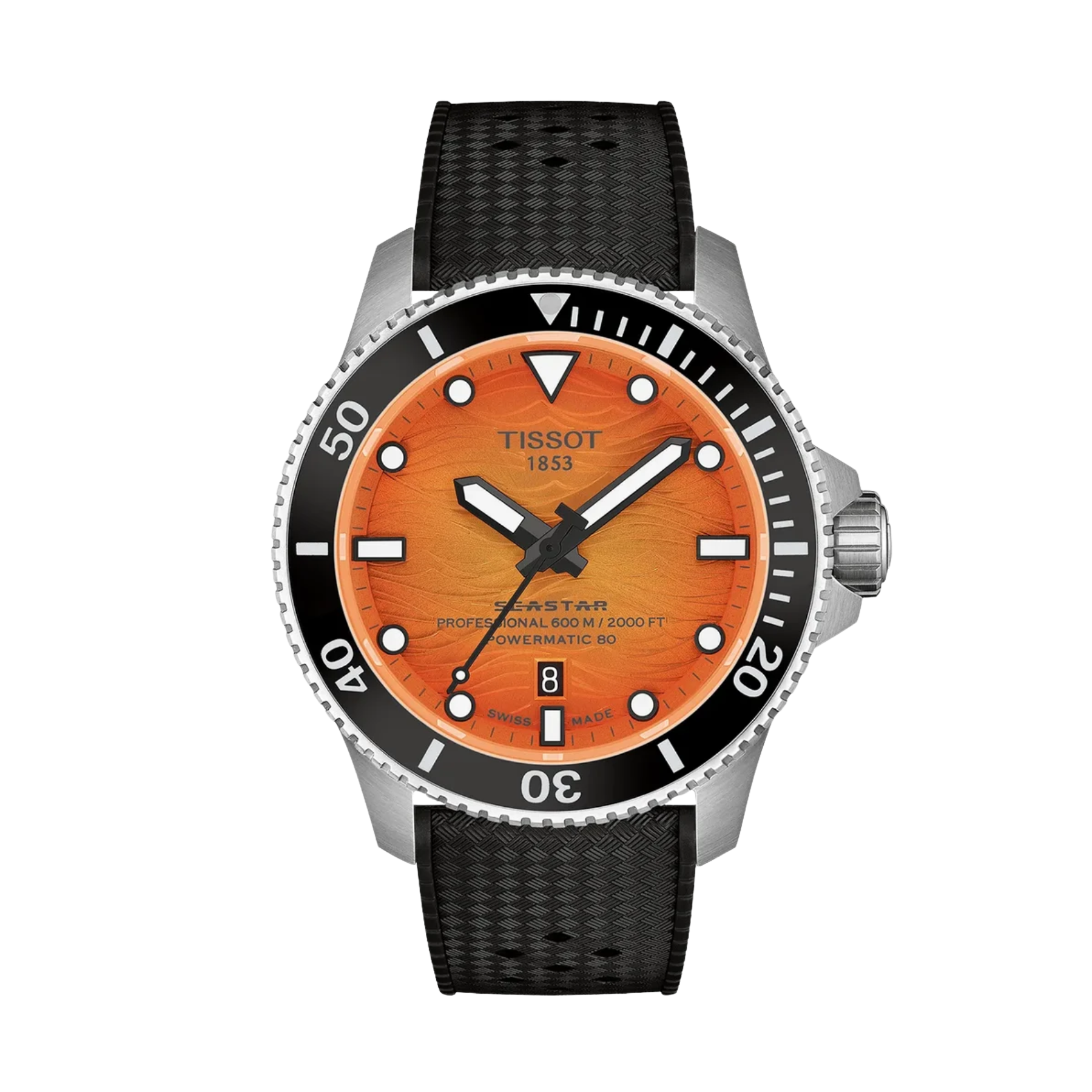 Tissot Seastar 80m dive watch featuring a vibrant orange sunburst dial, a black rotating bezel, and a textured black rubber strap, shown against a plain white background.