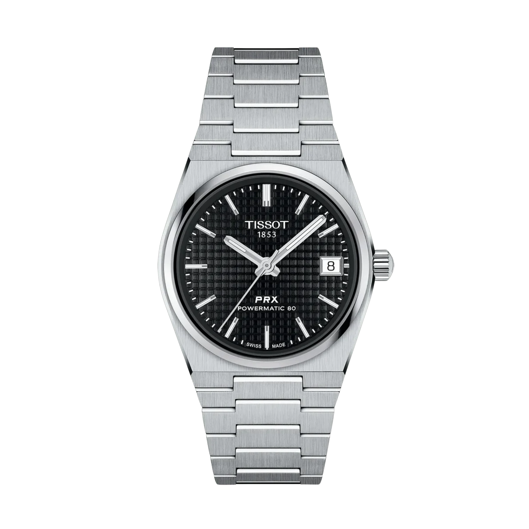 Tissot PRX Powermatic 80 automatic watch with a silver stainless steel bracelet and a textured black dial.