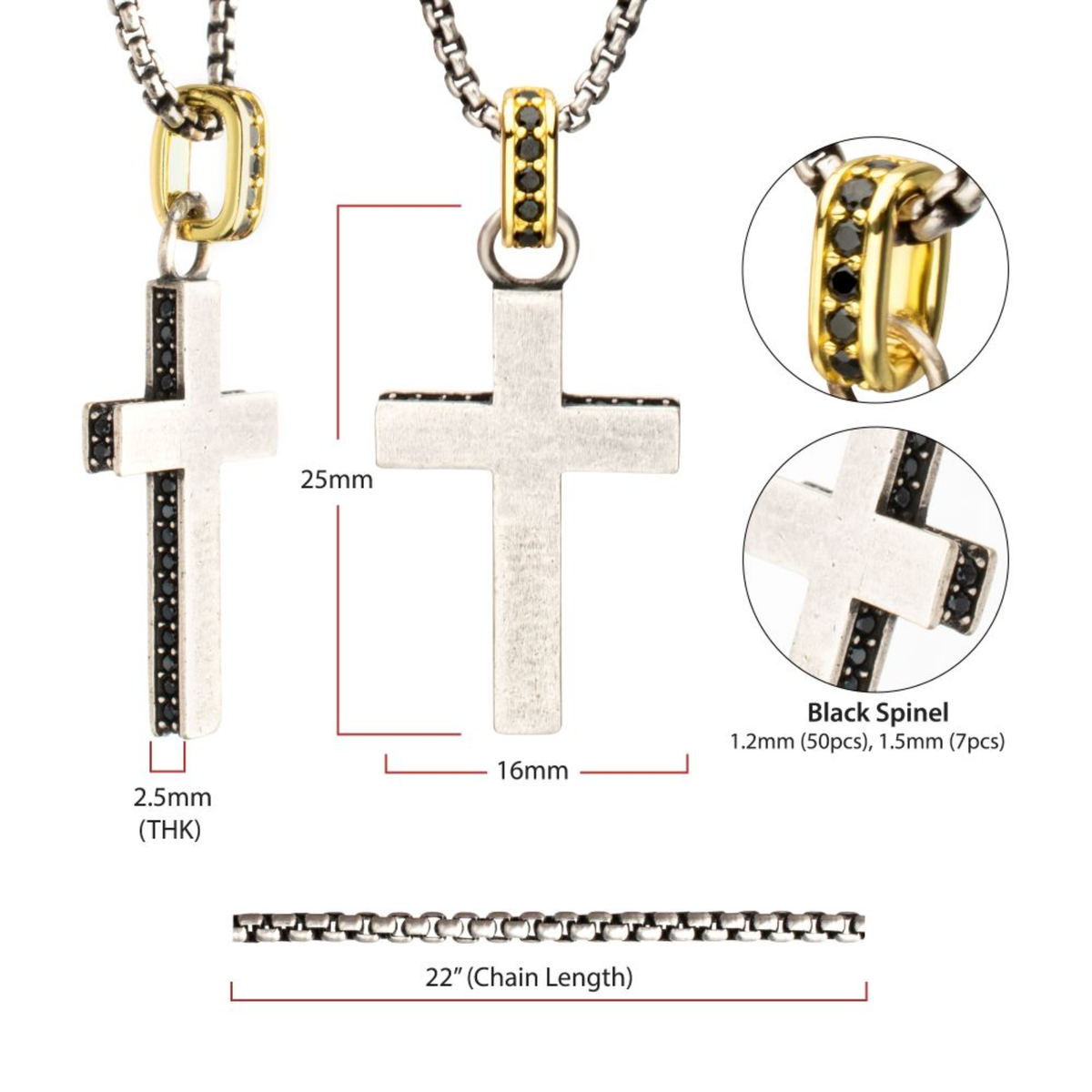 Cross-shaped pendant with gold and silver accents, black spinel stones, and chain measurements on a white background.