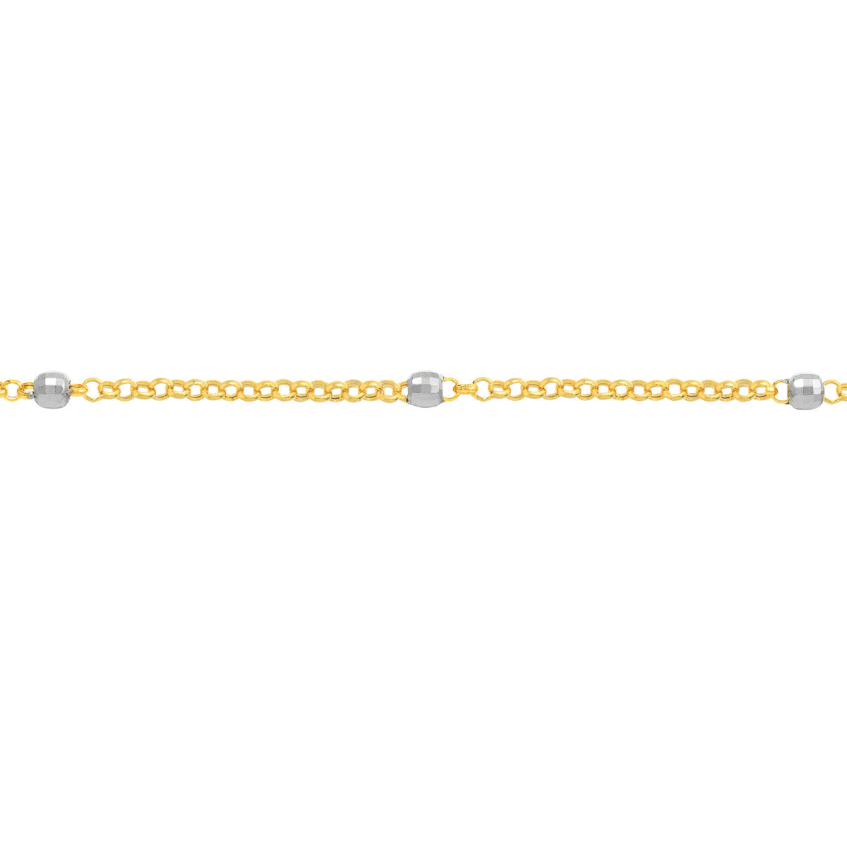 Up-close 14K Yellow Gold 3mm Two-Tone Disco Bead Rolo Chain Bracelet