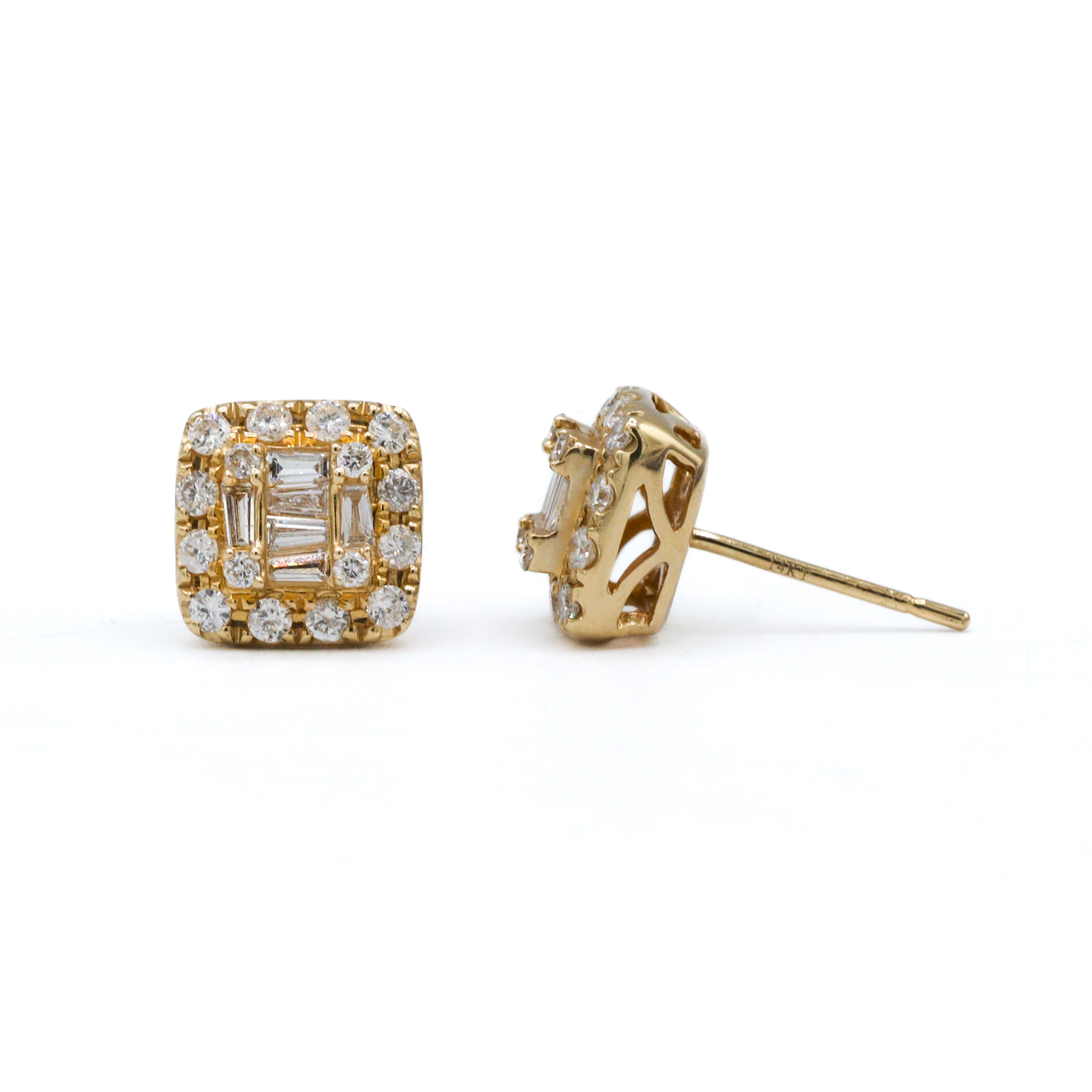 Baguette and Round Diamond Studs - 14K Yellow Gold 0.85CTW. Square Cushion Halo