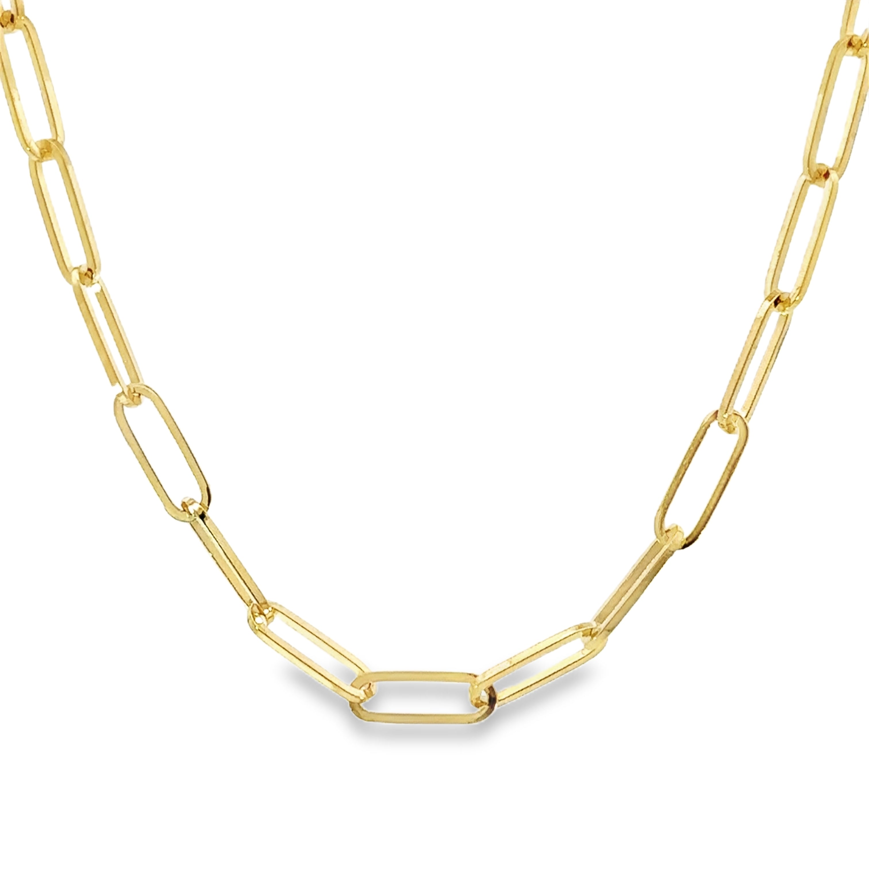 10K Yellow Gold 4.0mm Solid Paperclip Link Chain hanging in front of white background.