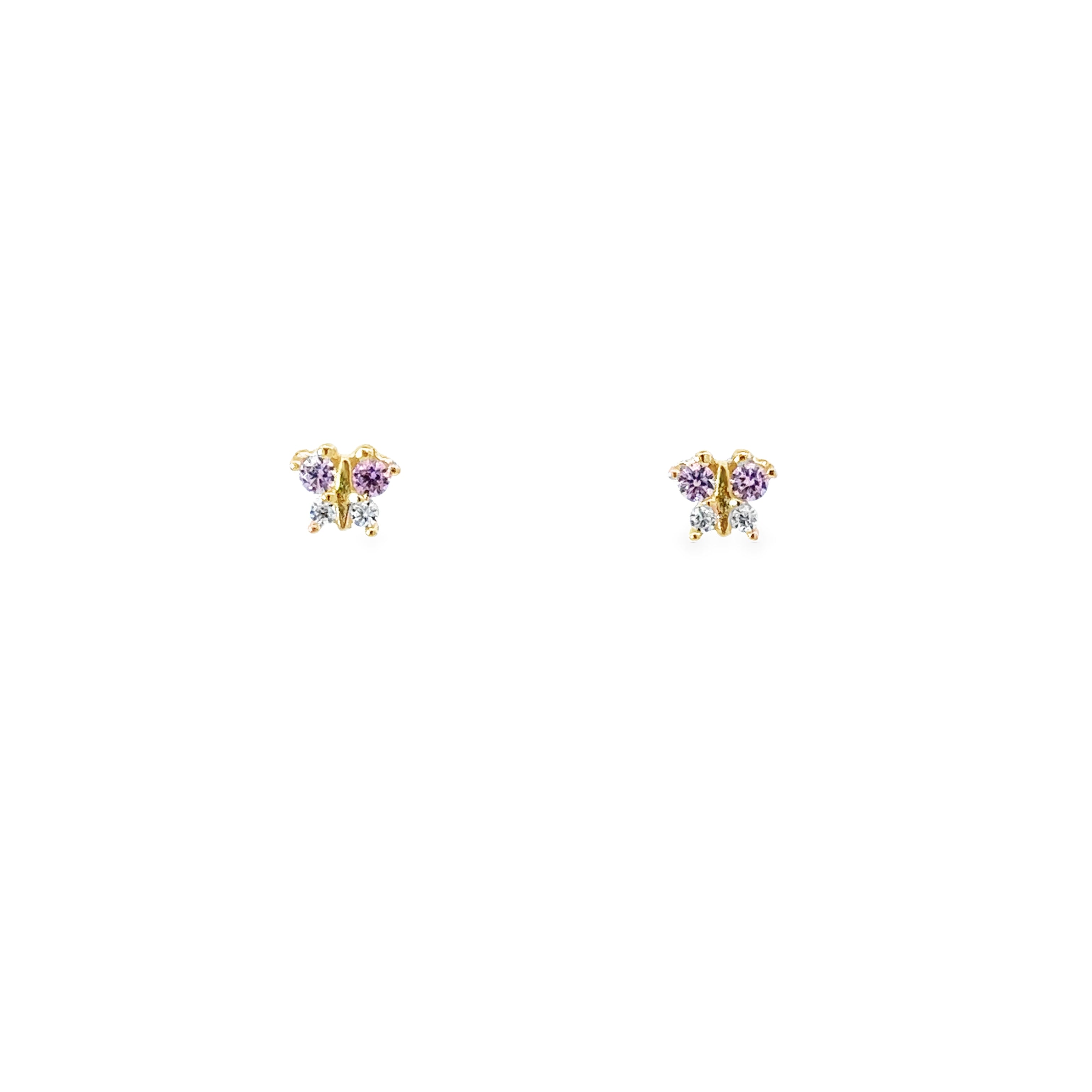 14K Yellow Gold Pink and White CZ Butterfly Stud Earrings