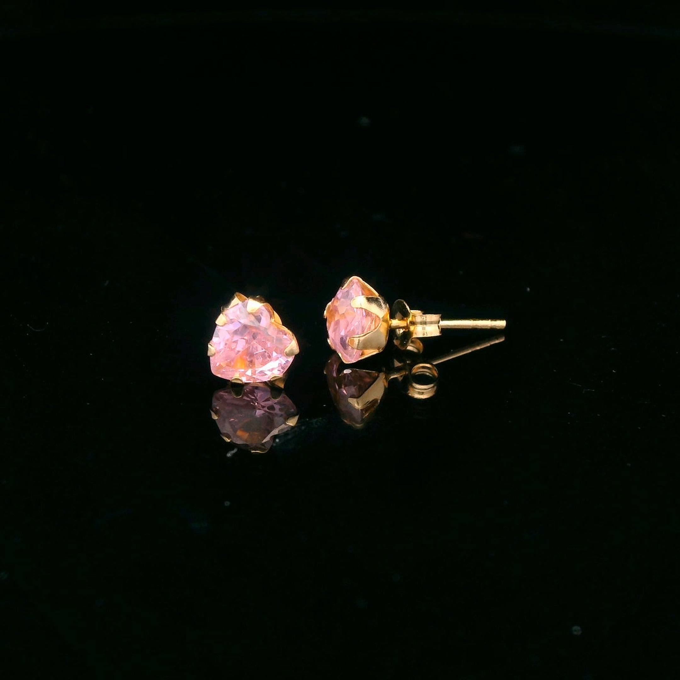 14K Yellow Gold Pink CZ Heart Stud Earrings