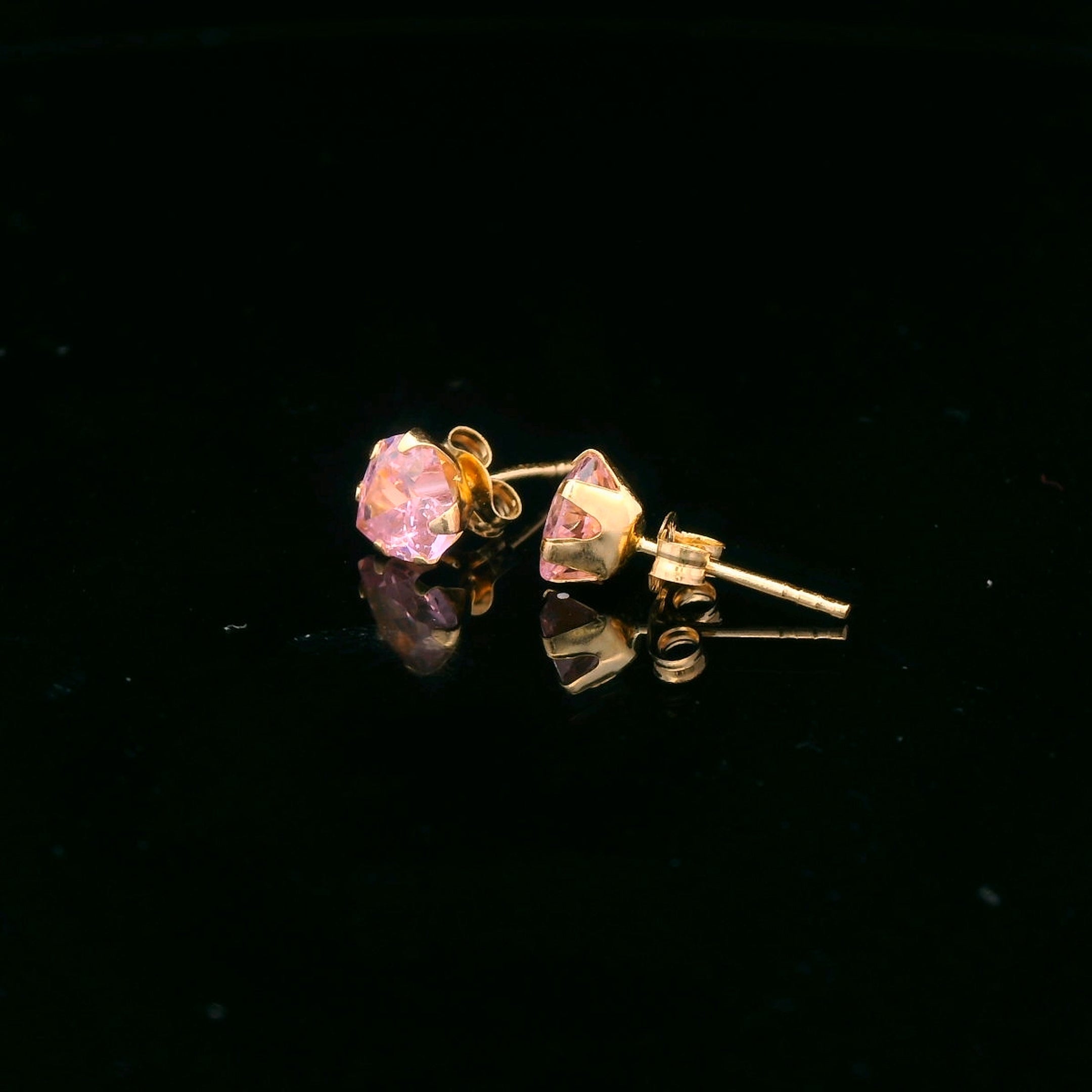 14K Yellow Gold Pink CZ Heart Stud Earrings