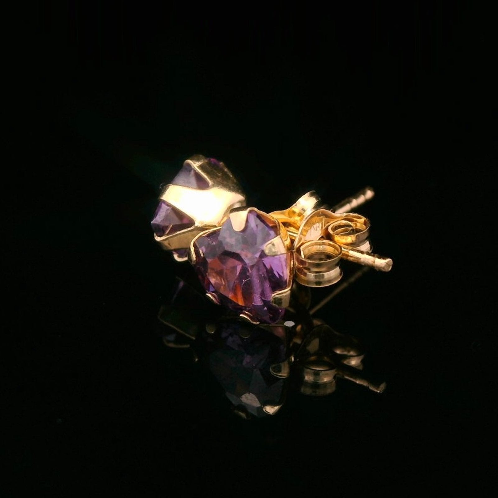 14K Yellow Gold Purple CZ Heart Stud Earrings