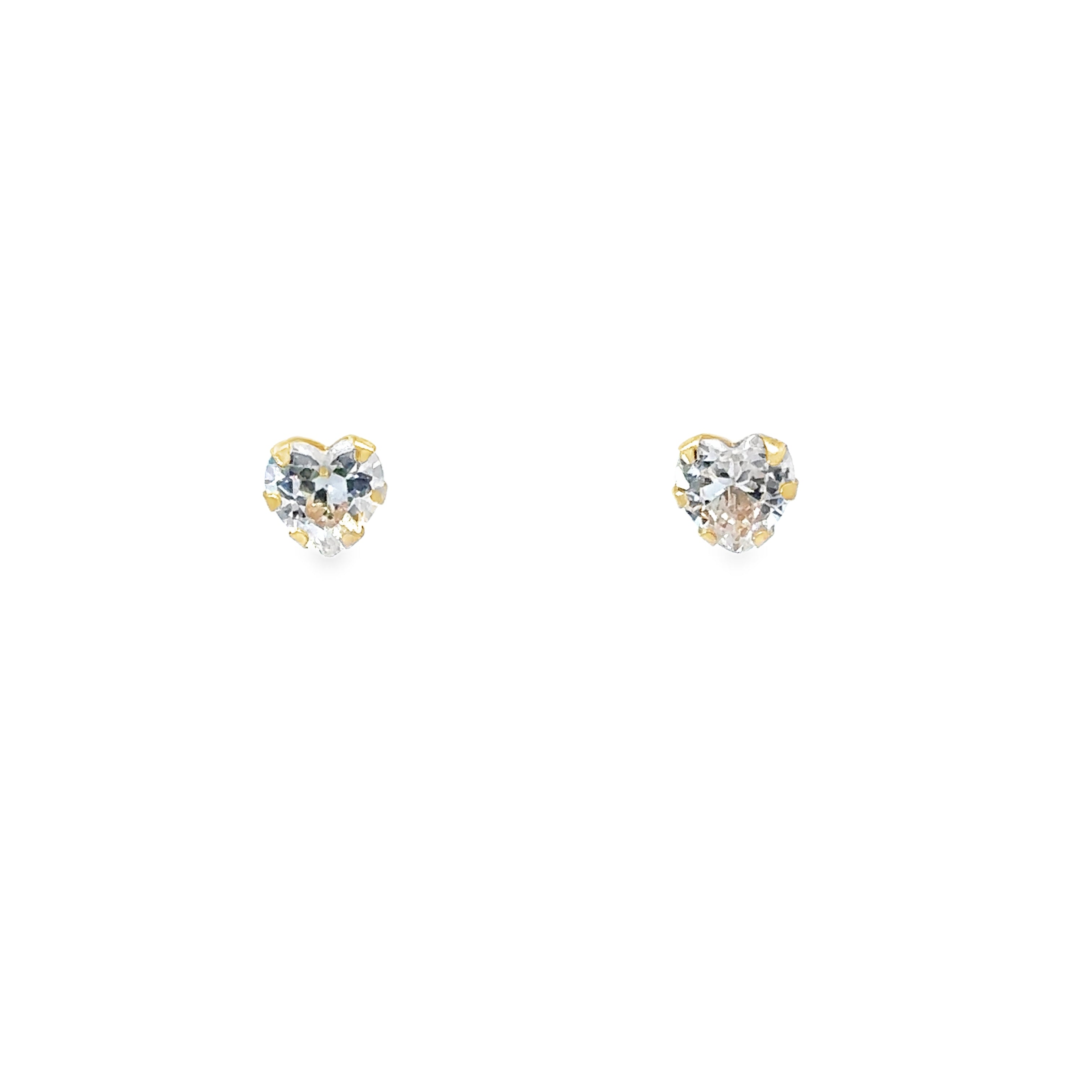 14K Yellow Gold White CZ Heart Stud Earrings