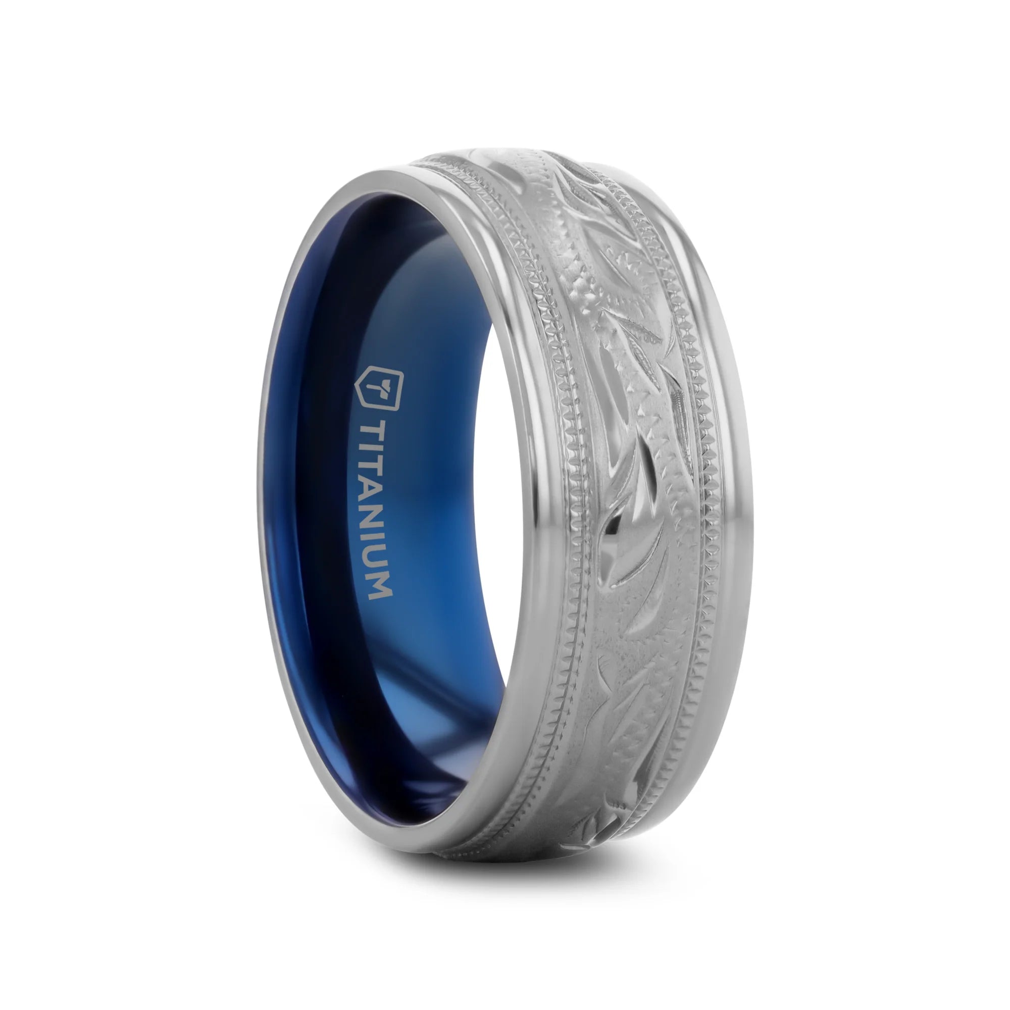 Thorsten "MARINER" Titanium Milgrain Engraved Finish 8MM Wedding Band with Blue Plating Inside